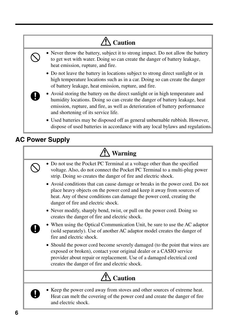 Ac power supply, Caution, Ac power supply warning | Casio IT-700/70 User Manual | Page 8 / 63