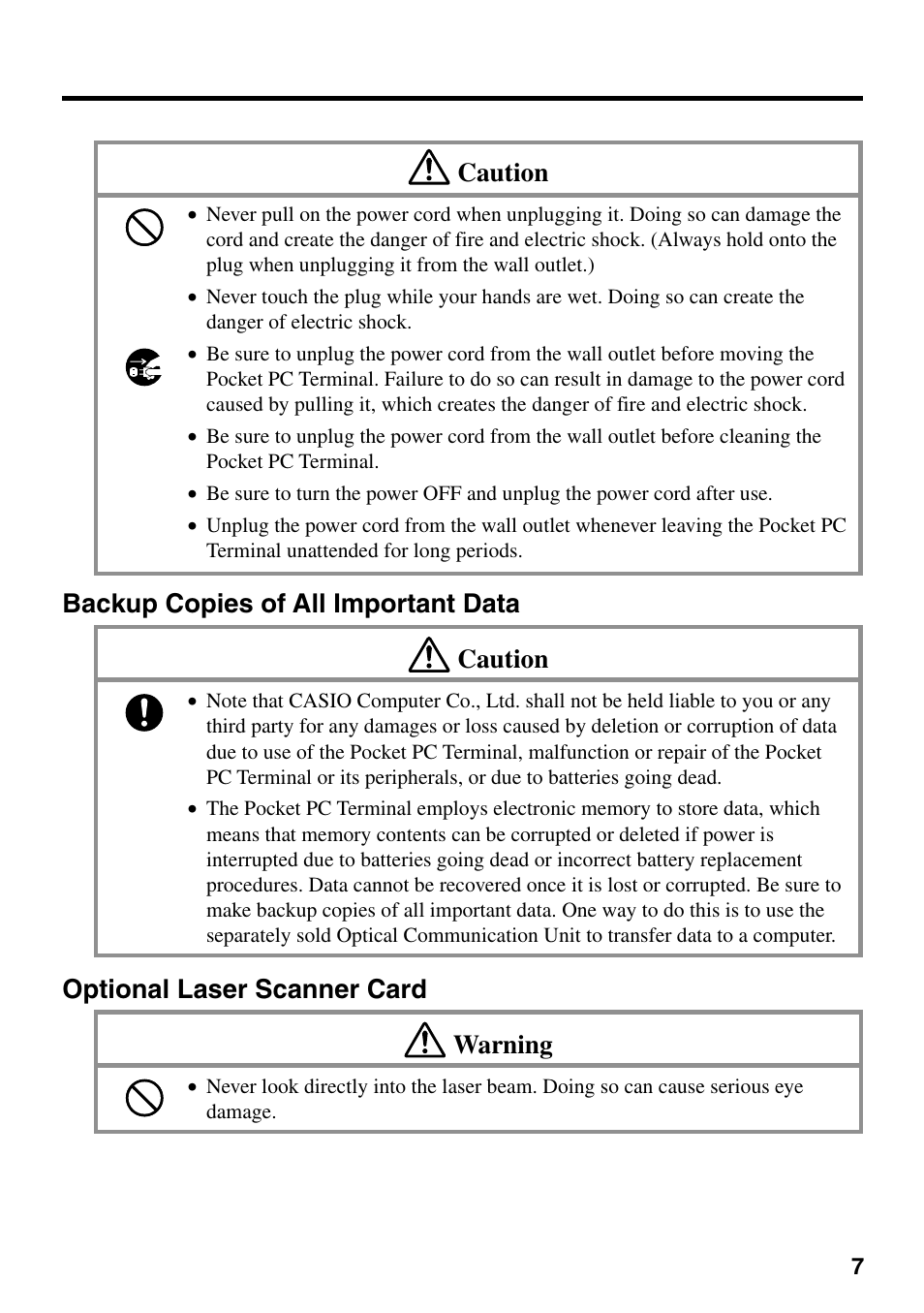 Backup copies of all important data, Optional laser scanner card, Caution | Backup copies of all important data caution, Optional laser scanner card warning | Casio IT-700/70 User Manual | Page 9 / 63