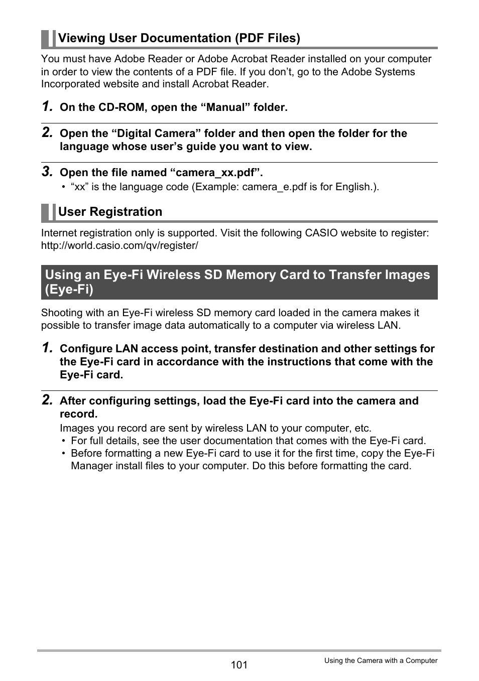 Viewing user documentation (pdf files), User registration | Casio EXILIM EX-ZS5 User Manual | Page 101 / 142