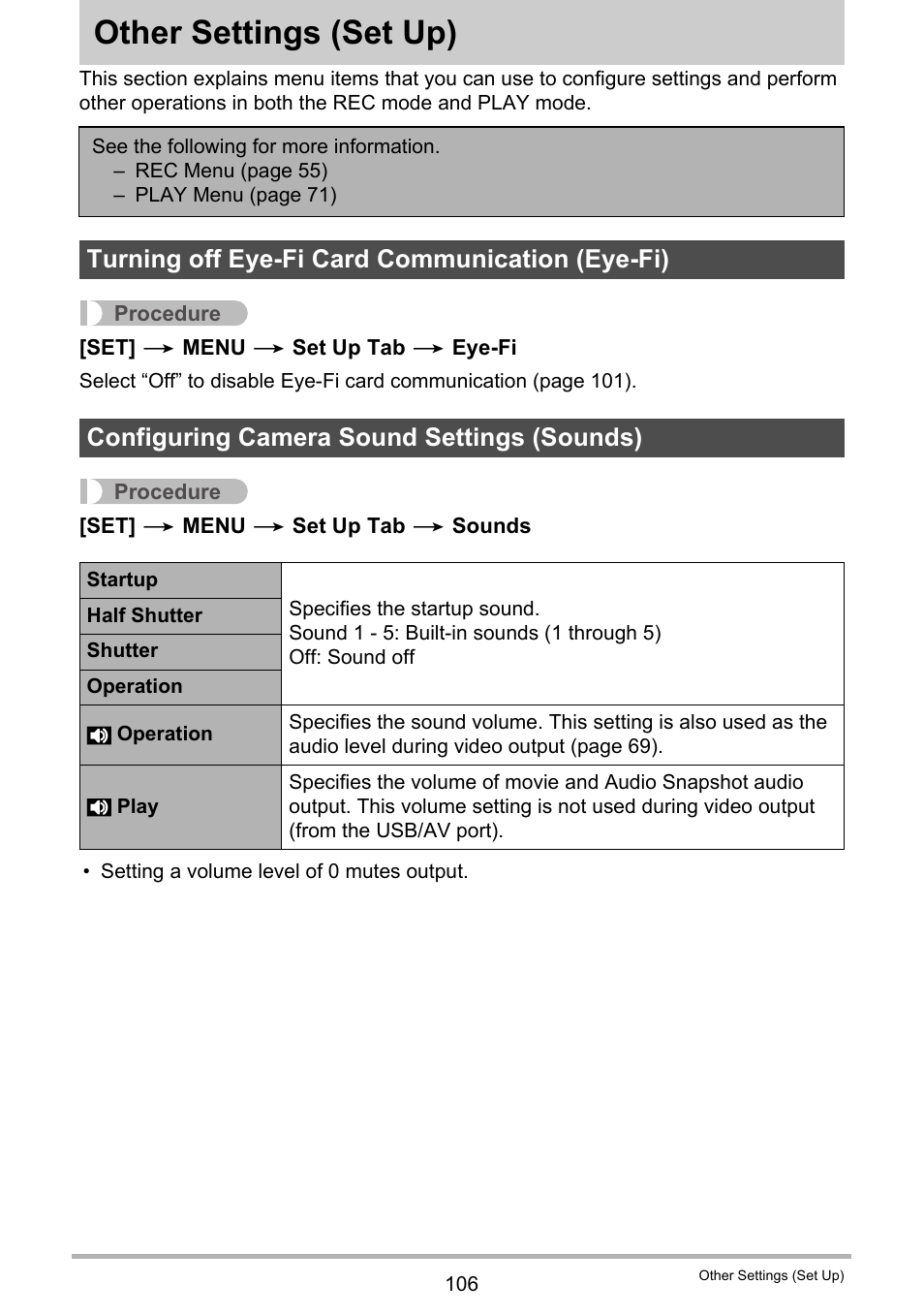 Other settings (set up), Turning off eye-fi card communication (eye-fi), Configuring camera sound settings (sounds) | Other settings, Set up) 106, Ge 106) | Casio EXILIM EX-ZS5 User Manual | Page 106 / 142