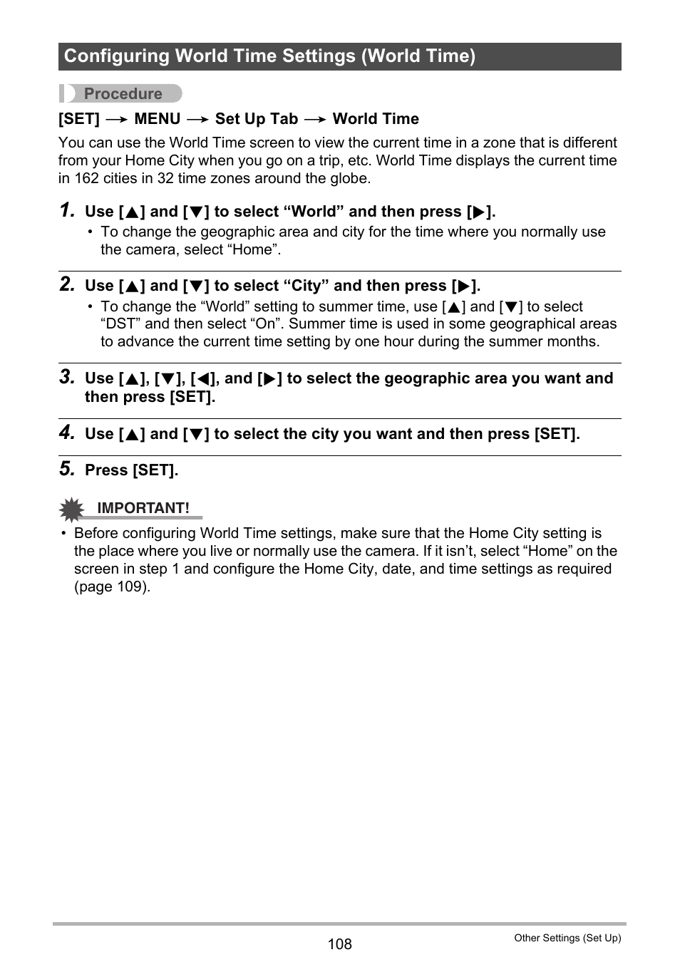 Configuring world time settings (world time) | Casio EXILIM EX-ZS5 User Manual | Page 108 / 142