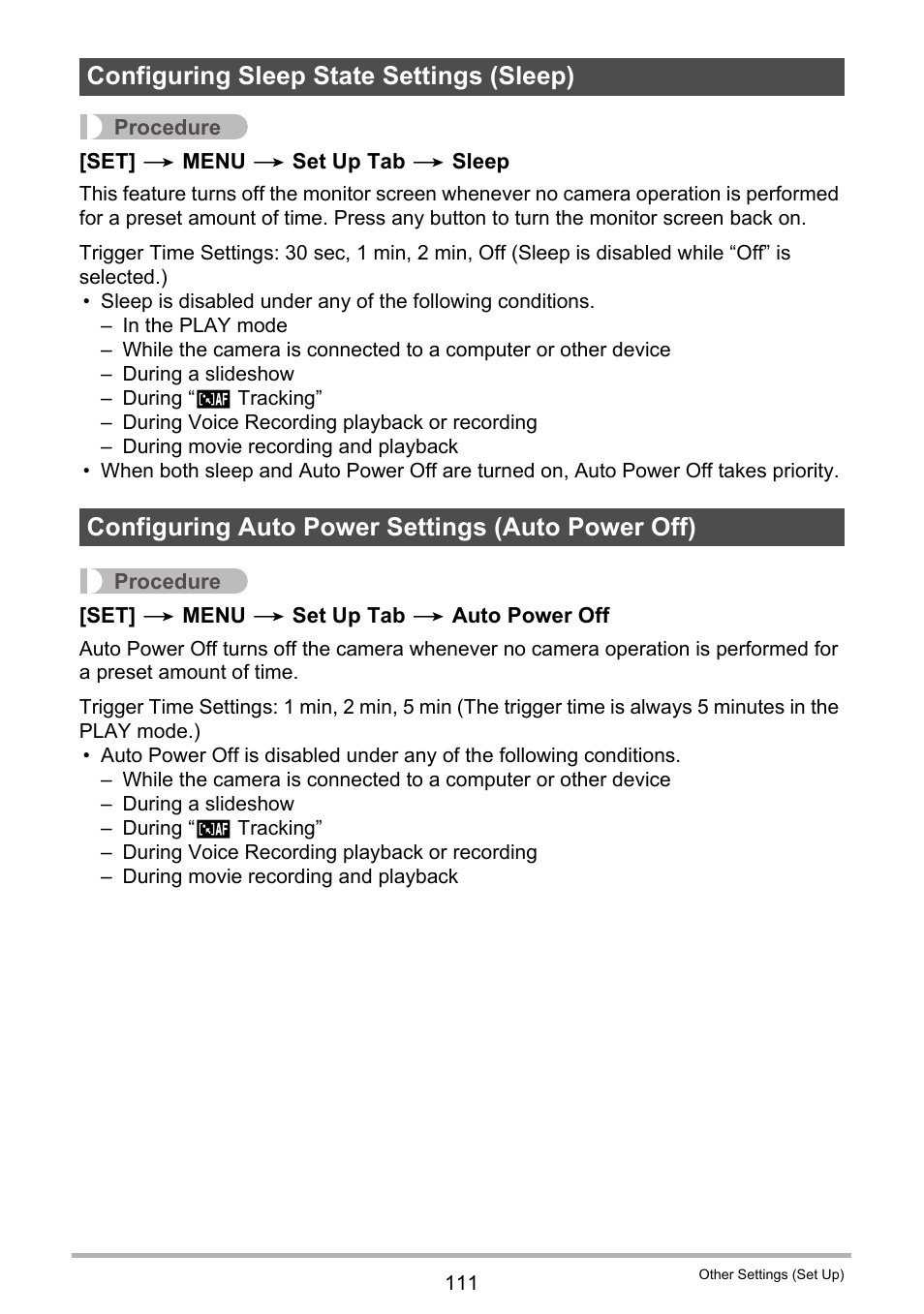 Configuring sleep state settings (sleep), Configuring auto power settings (auto power off) | Casio EXILIM EX-ZS5 User Manual | Page 111 / 142