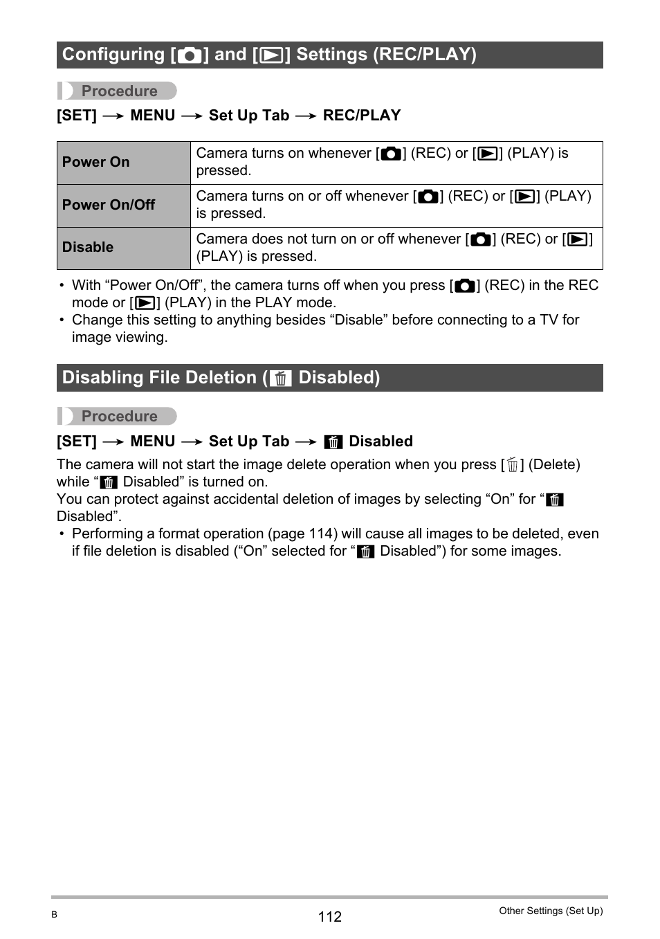 Configuring [_] and [>] settings (rec/play), Disabling file deletion (_ disabled), Configuring [ r ] and [ p ] settings (rec/play) | Disabling file deletion ( ü disabled) | Casio EXILIM EX-ZS5 User Manual | Page 112 / 142