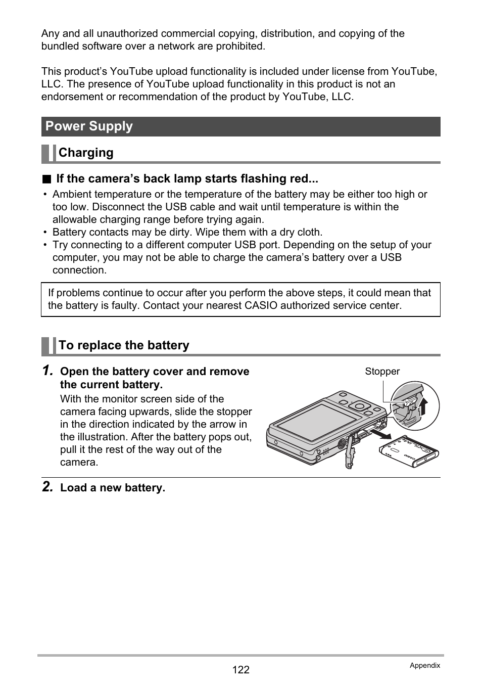 Power supply, Charging, To replace the battery | Casio EXILIM EX-ZS5 User Manual | Page 122 / 142