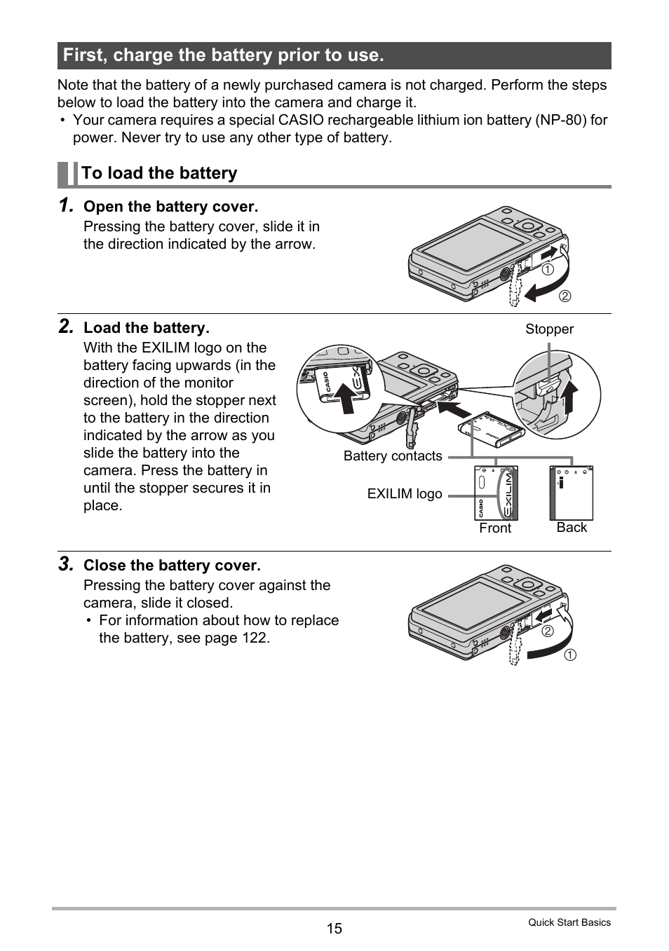 First, charge the battery prior to use, To load the battery | Casio EXILIM EX-ZS5 User Manual | Page 15 / 142