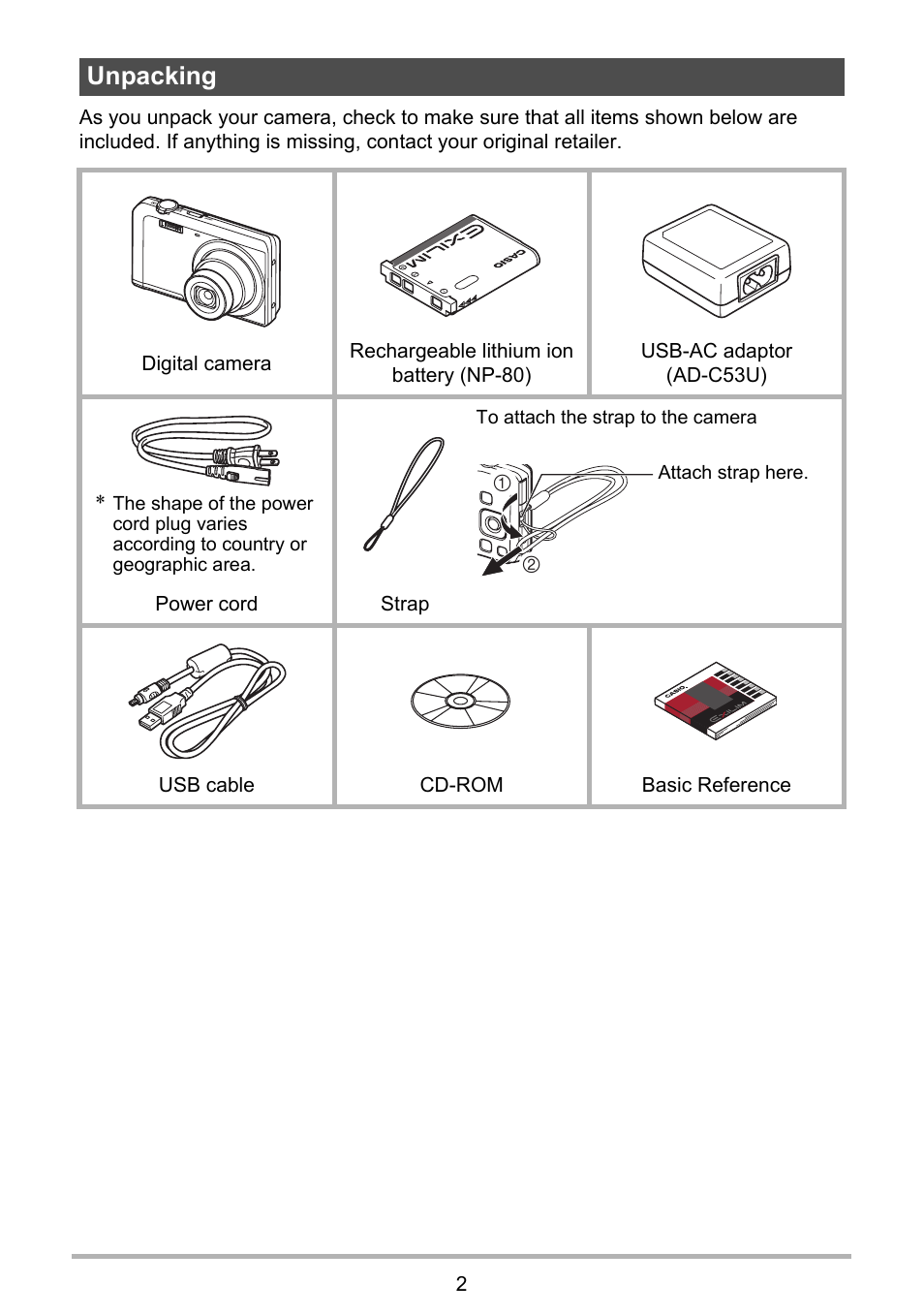 Unpacking | Casio EXILIM EX-ZS5 User Manual | Page 2 / 142