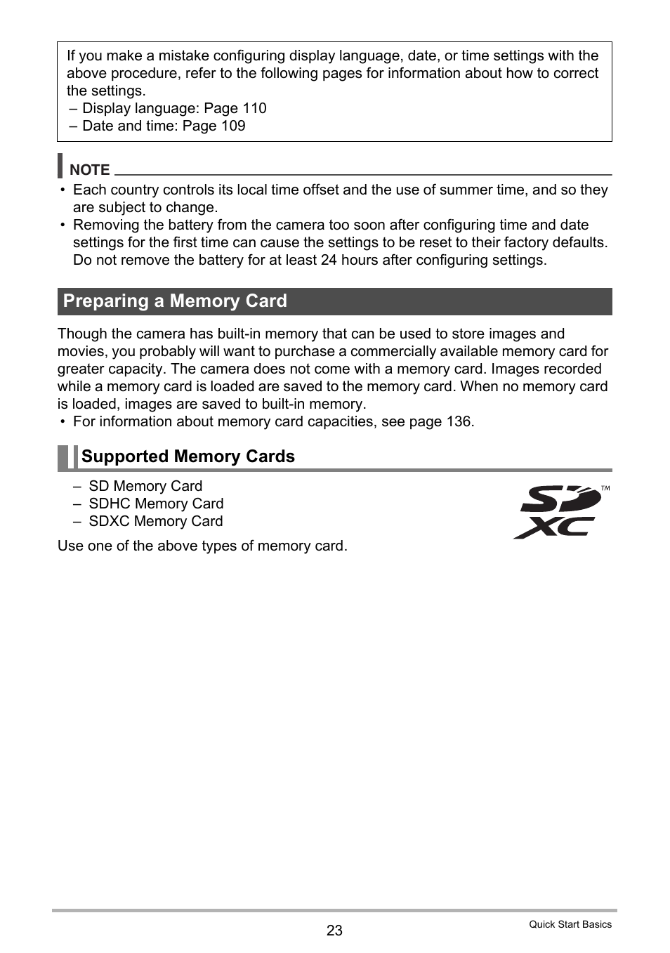 Preparing a memory card, Supported memory cards | Casio EXILIM EX-ZS5 User Manual | Page 23 / 142