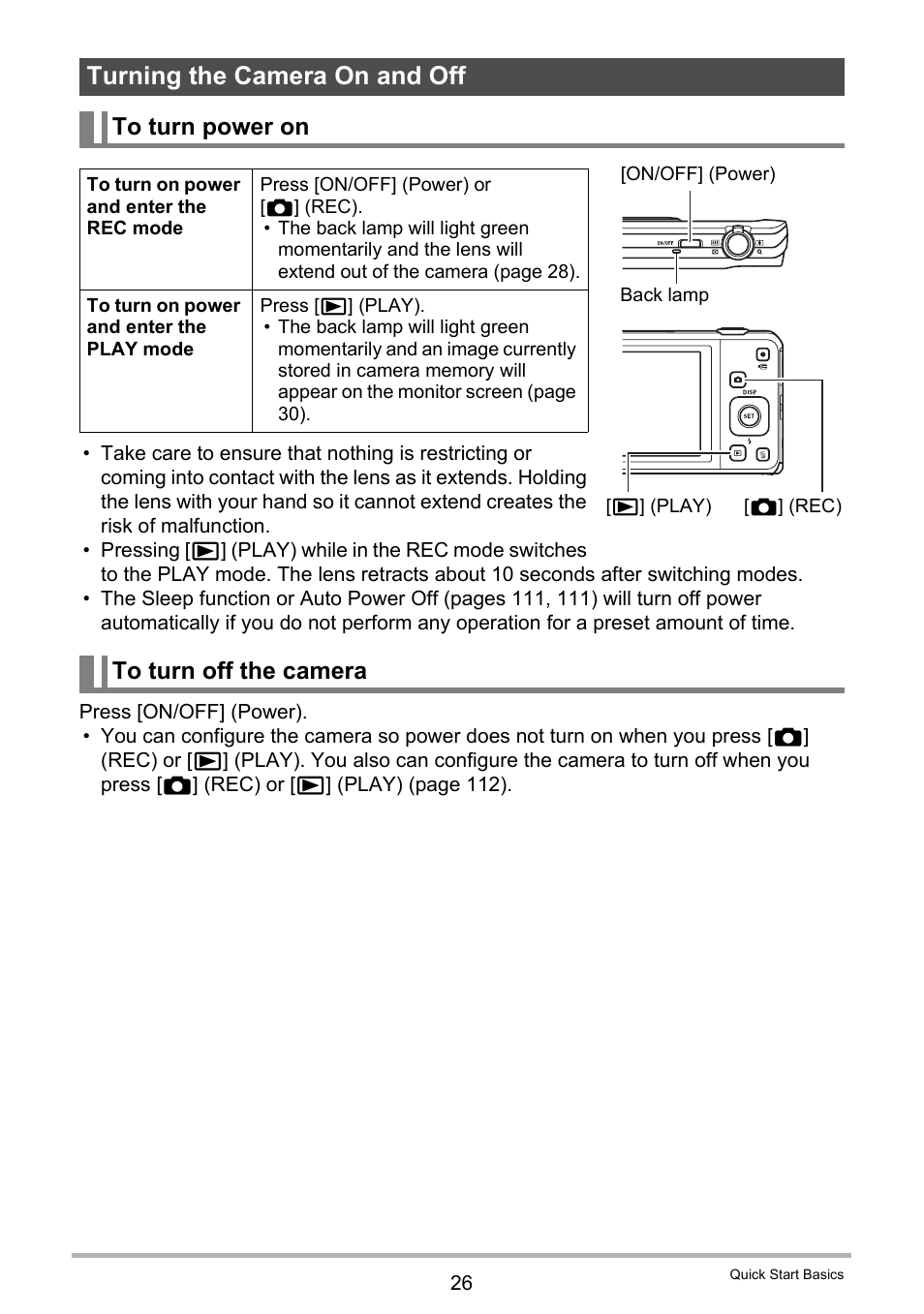 Turning the camera on and off, To turn power on, To turn off the camera | Casio EXILIM EX-ZS5 User Manual | Page 26 / 142