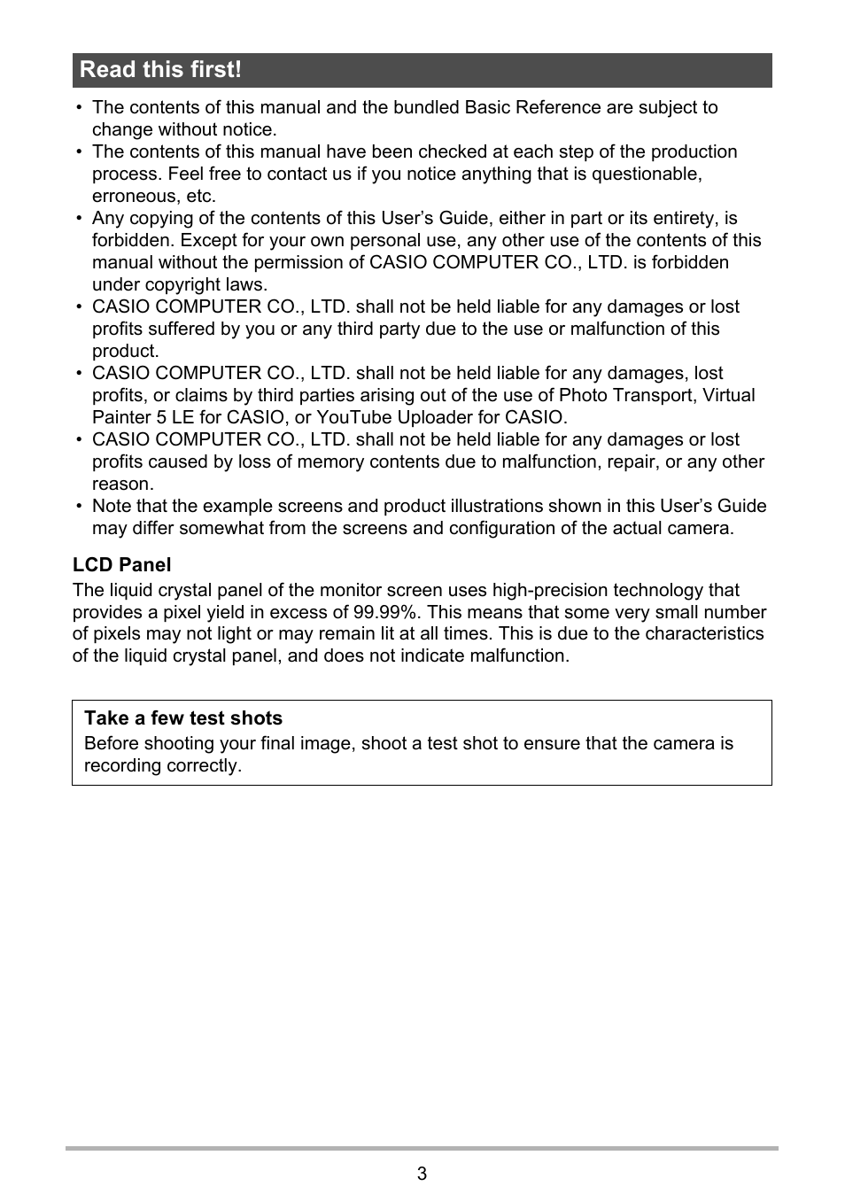 Read this first | Casio EXILIM EX-ZS5 User Manual | Page 3 / 142