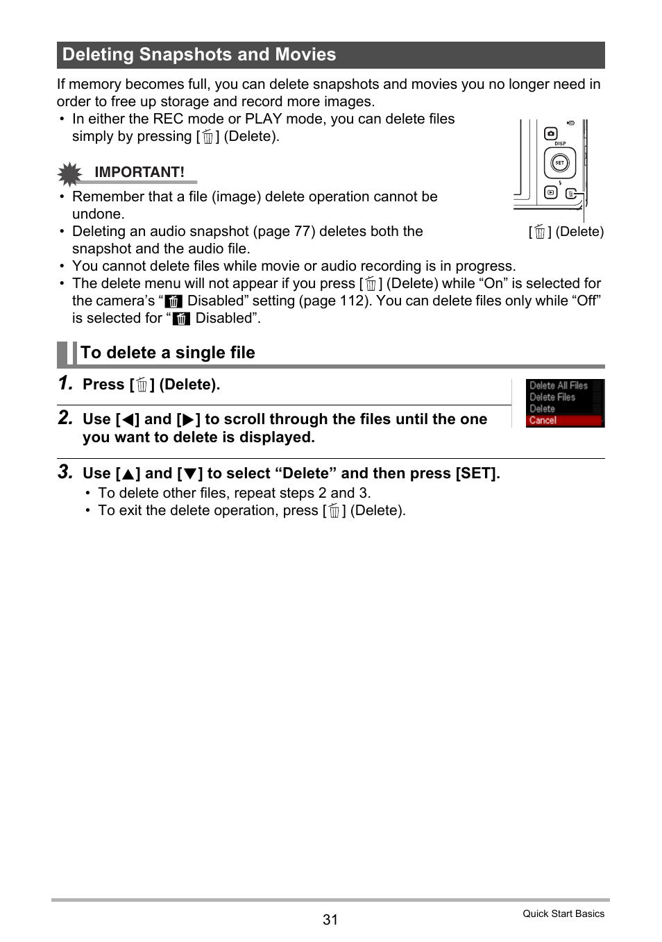 Deleting snapshots and movies, To delete a single file | Casio EXILIM EX-ZS5 User Manual | Page 31 / 142