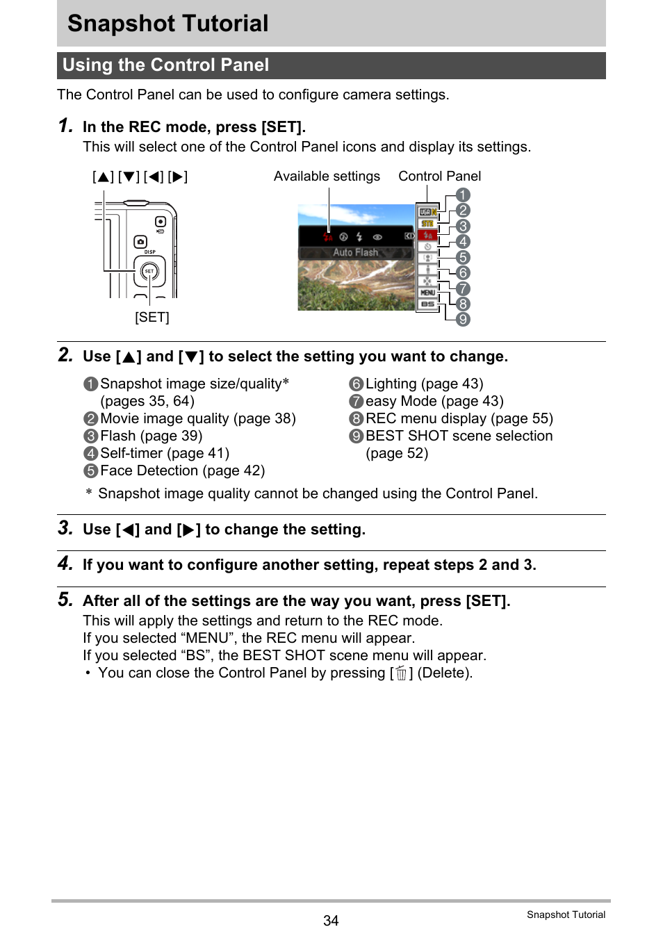 Snapshot tutorial, Using the control panel | Casio EXILIM EX-ZS5 User Manual | Page 34 / 142