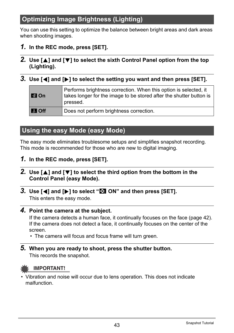 Optimizing image brightness (lighting), Using the easy mode (easy mode) | Casio EXILIM EX-ZS5 User Manual | Page 43 / 142