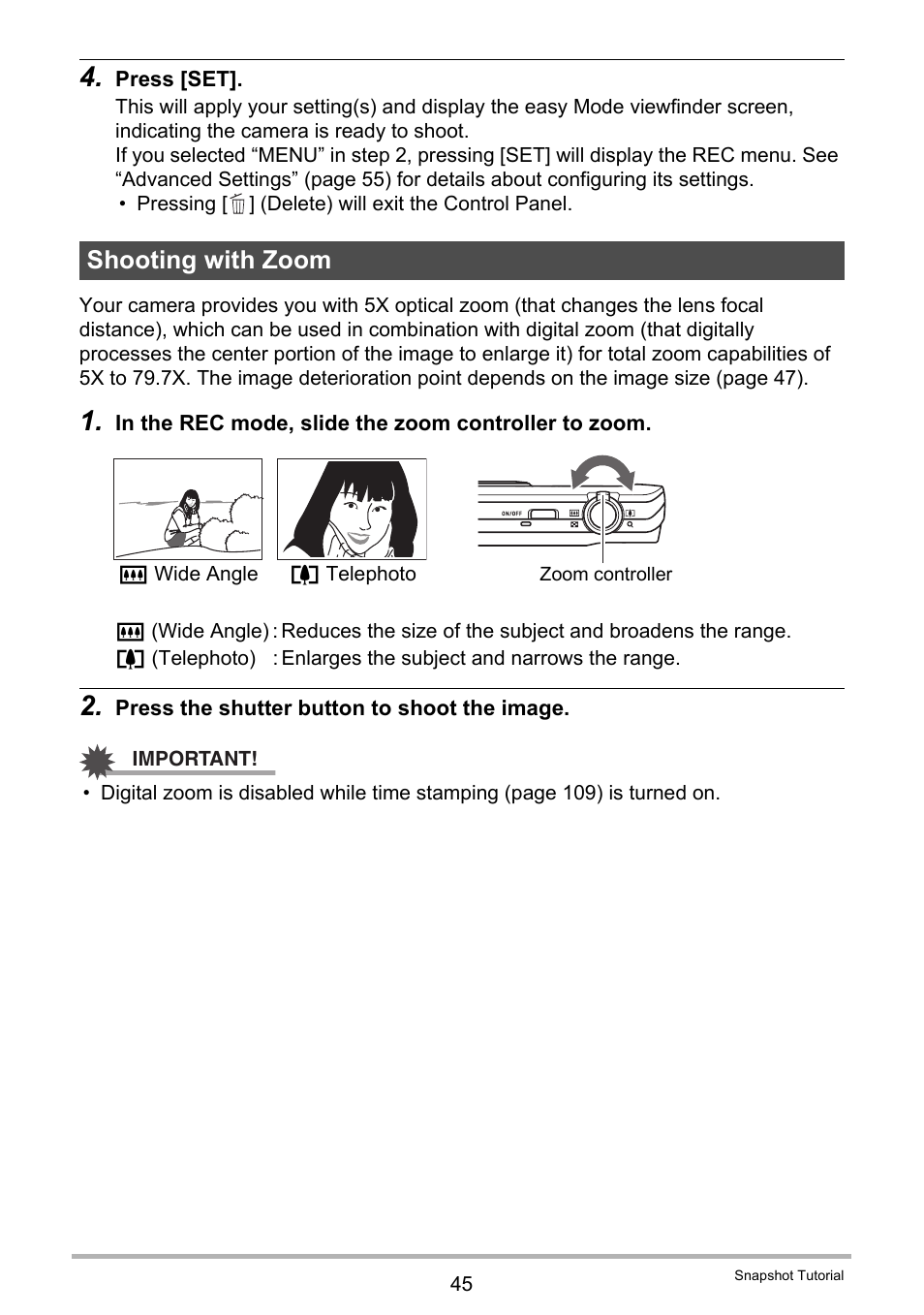 Shooting with zoom | Casio EXILIM EX-ZS5 User Manual | Page 45 / 142