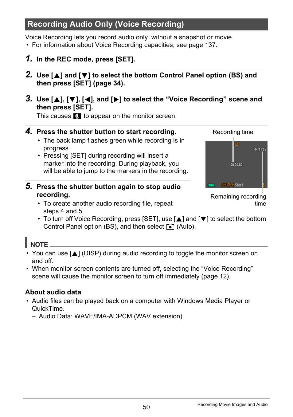 Recording audio only (voice recording) | Casio EXILIM EX-ZS5 User Manual | Page 50 / 142