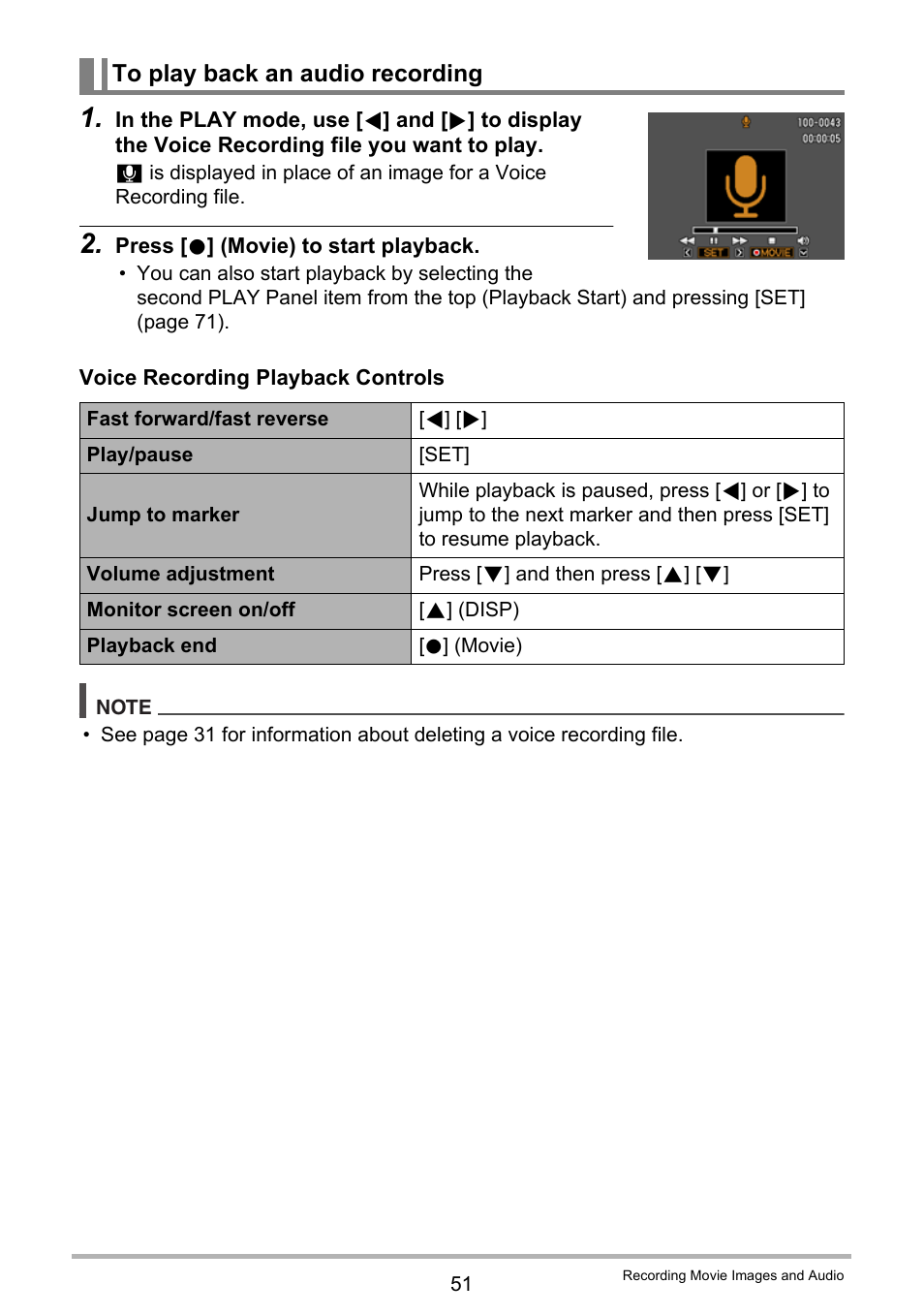 To play back an audio recording | Casio EXILIM EX-ZS5 User Manual | Page 51 / 142