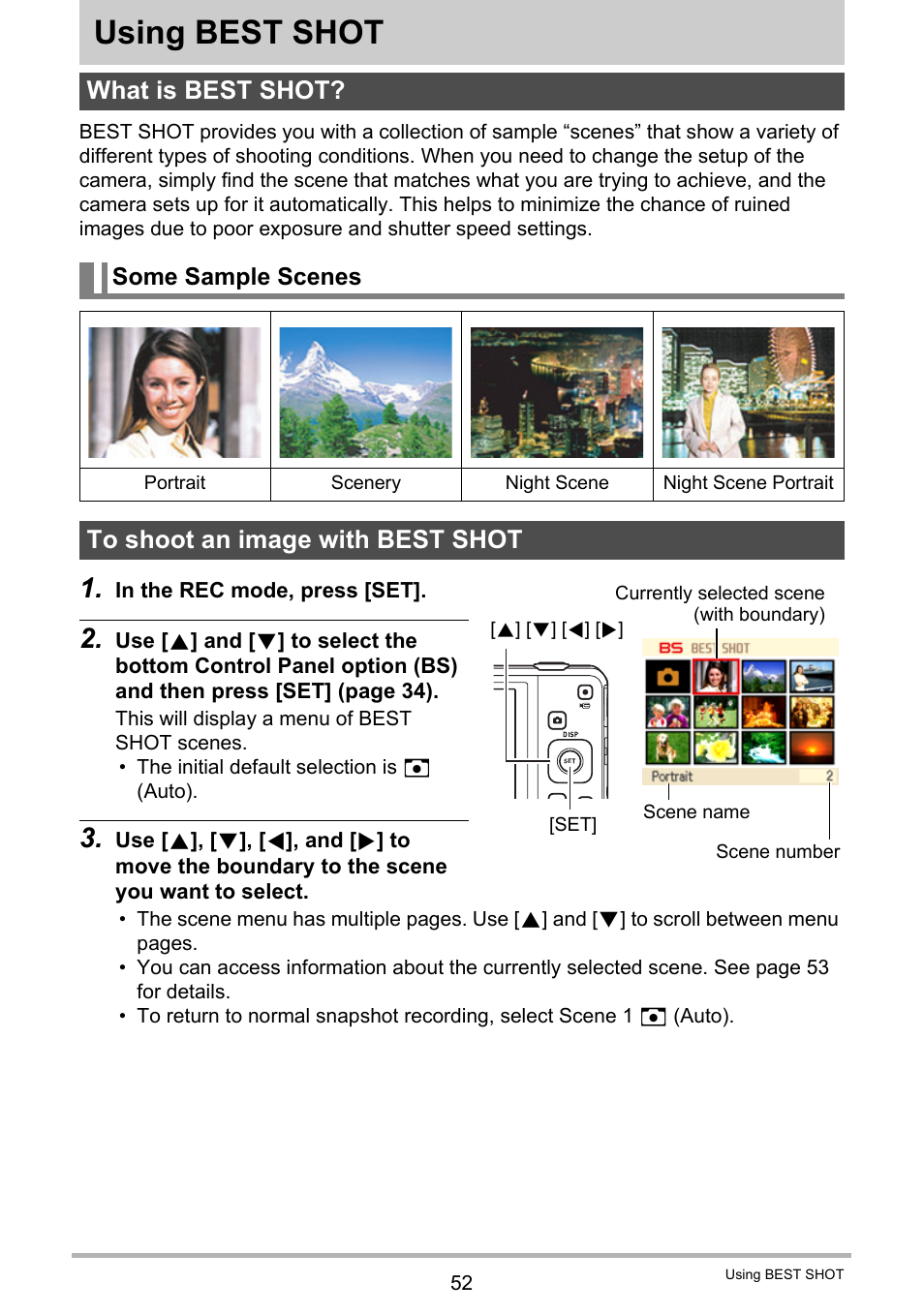 Using best shot, What is best shot, Some sample scenes | To shoot an image with best shot | Casio EXILIM EX-ZS5 User Manual | Page 52 / 142