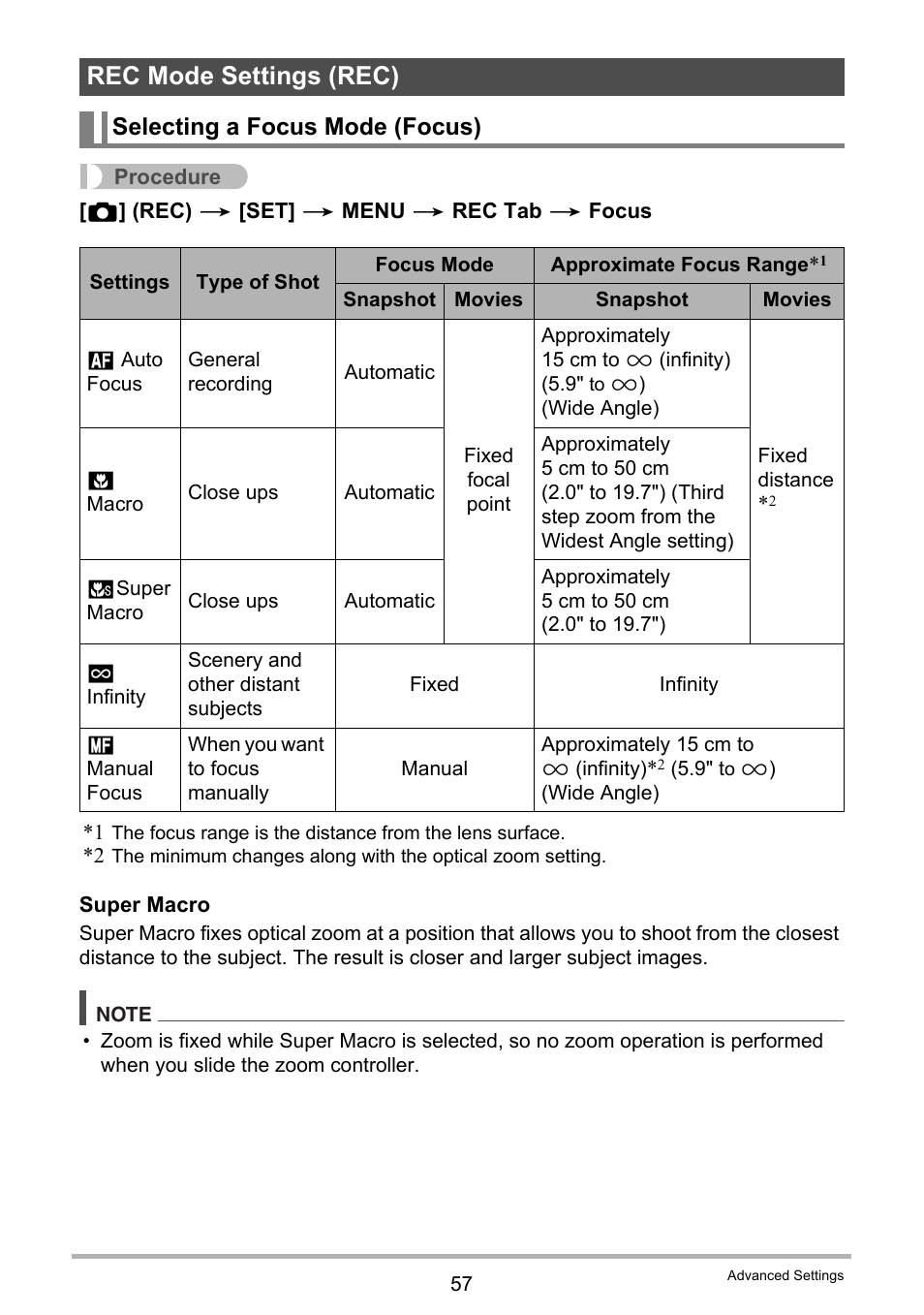 Rec mode settings (rec), Selecting a focus mode (focus) | Casio EXILIM EX-ZS5 User Manual | Page 57 / 142