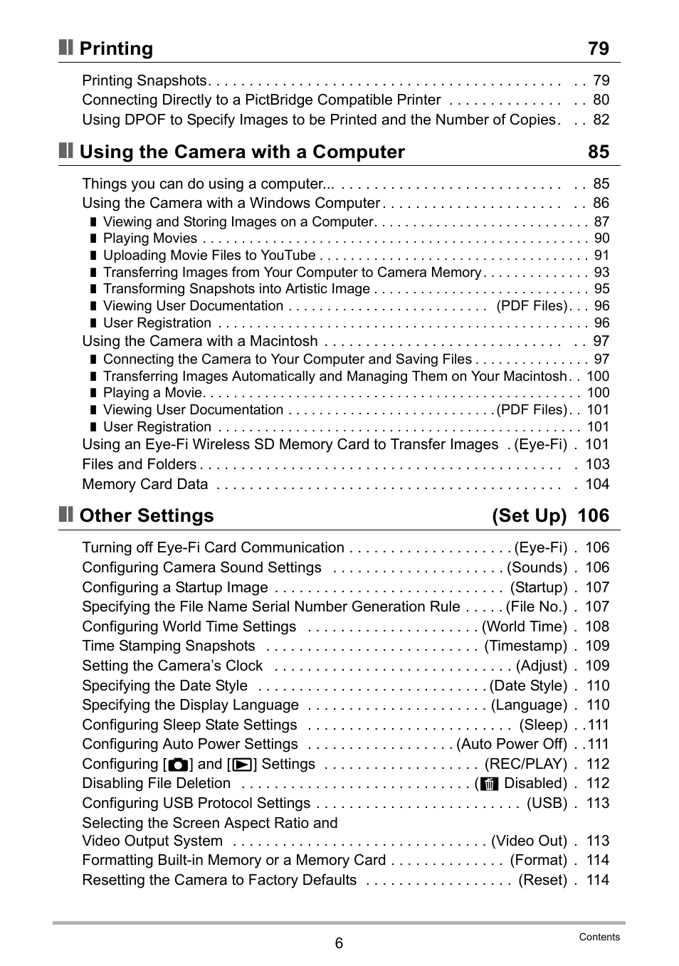 Printing 79, Using the camera with a computer 85, Other settings (set up) 106 | Casio EXILIM EX-ZS5 User Manual | Page 6 / 142