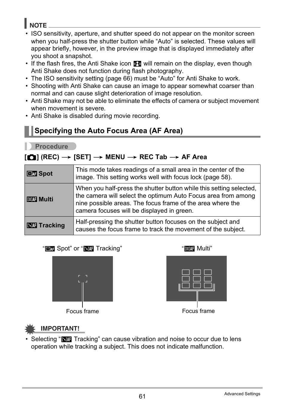 Specifying the auto focus area (af area) | Casio EXILIM EX-ZS5 User Manual | Page 61 / 142