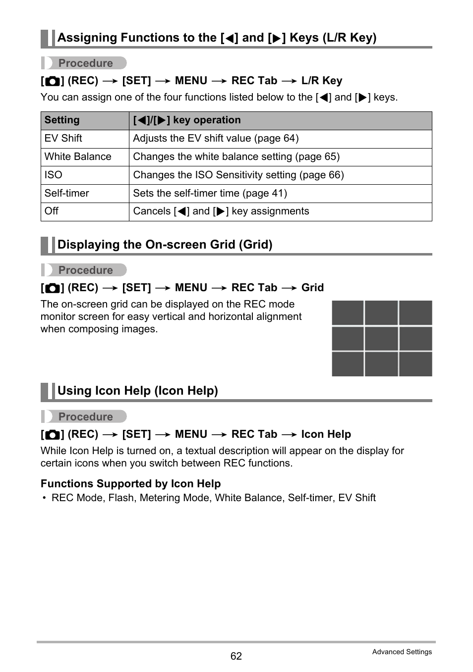 Displaying the on-screen grid (grid), Using icon help (icon help) | Casio EXILIM EX-ZS5 User Manual | Page 62 / 142