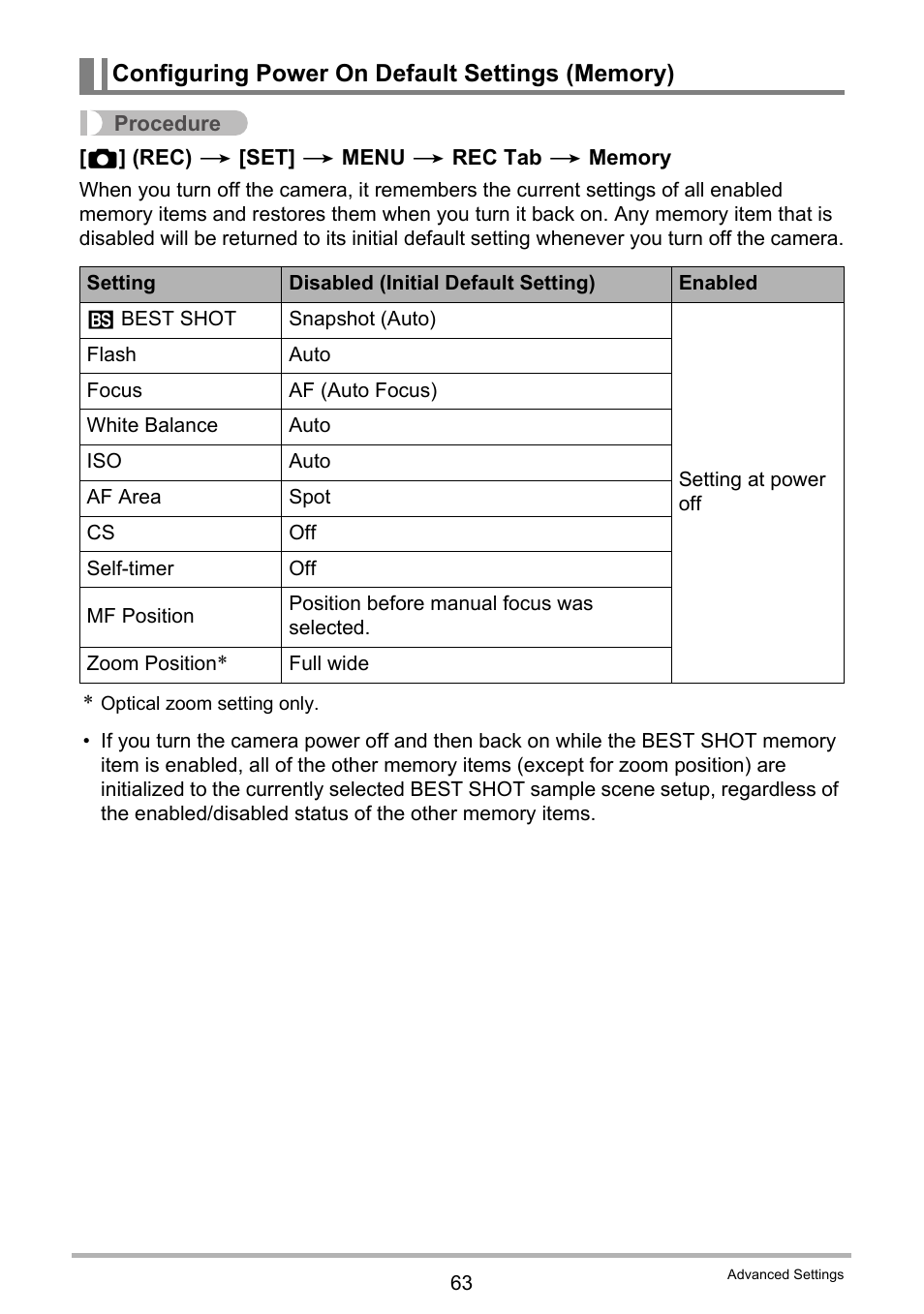 Configuring power on default settings (memory) | Casio EXILIM EX-ZS5 User Manual | Page 63 / 142