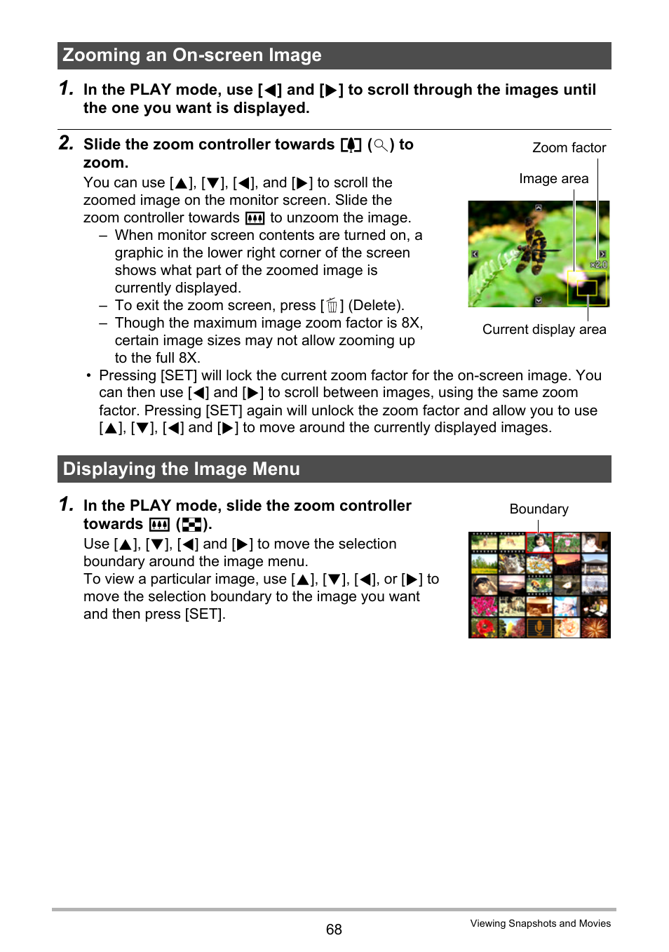 Zooming an on-screen image, Displaying the image menu, Age 68) | Casio EXILIM EX-ZS5 User Manual | Page 68 / 142