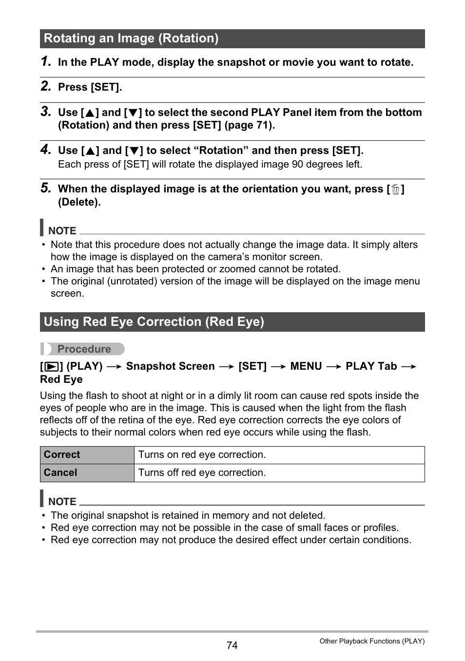 Rotating an image (rotation), Using red eye correction (red eye) | Casio EXILIM EX-ZS5 User Manual | Page 74 / 142