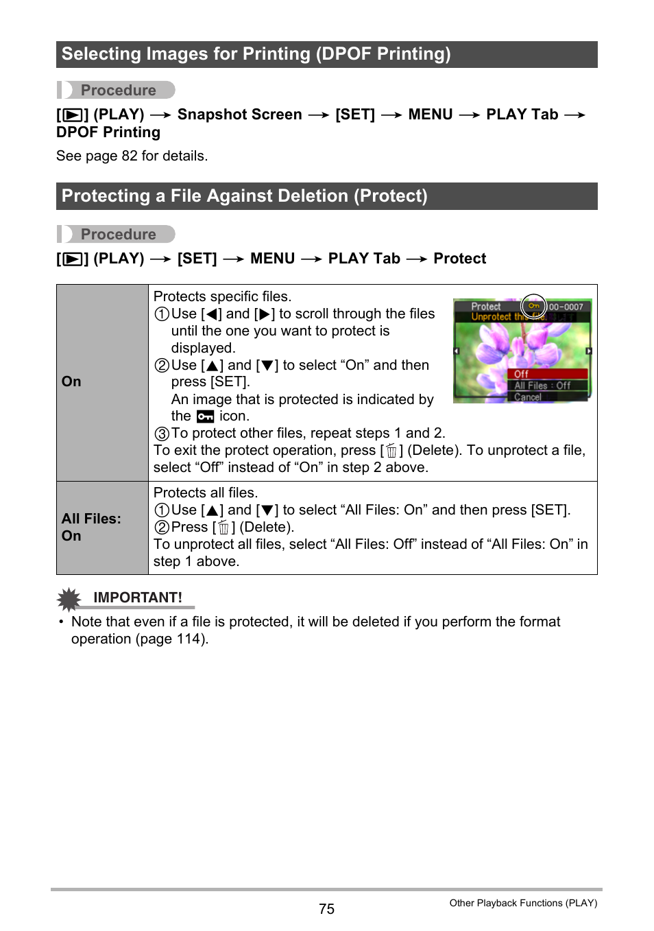Selecting images for printing (dpof printing), Protecting a file against deletion (protect) | Casio EXILIM EX-ZS5 User Manual | Page 75 / 142