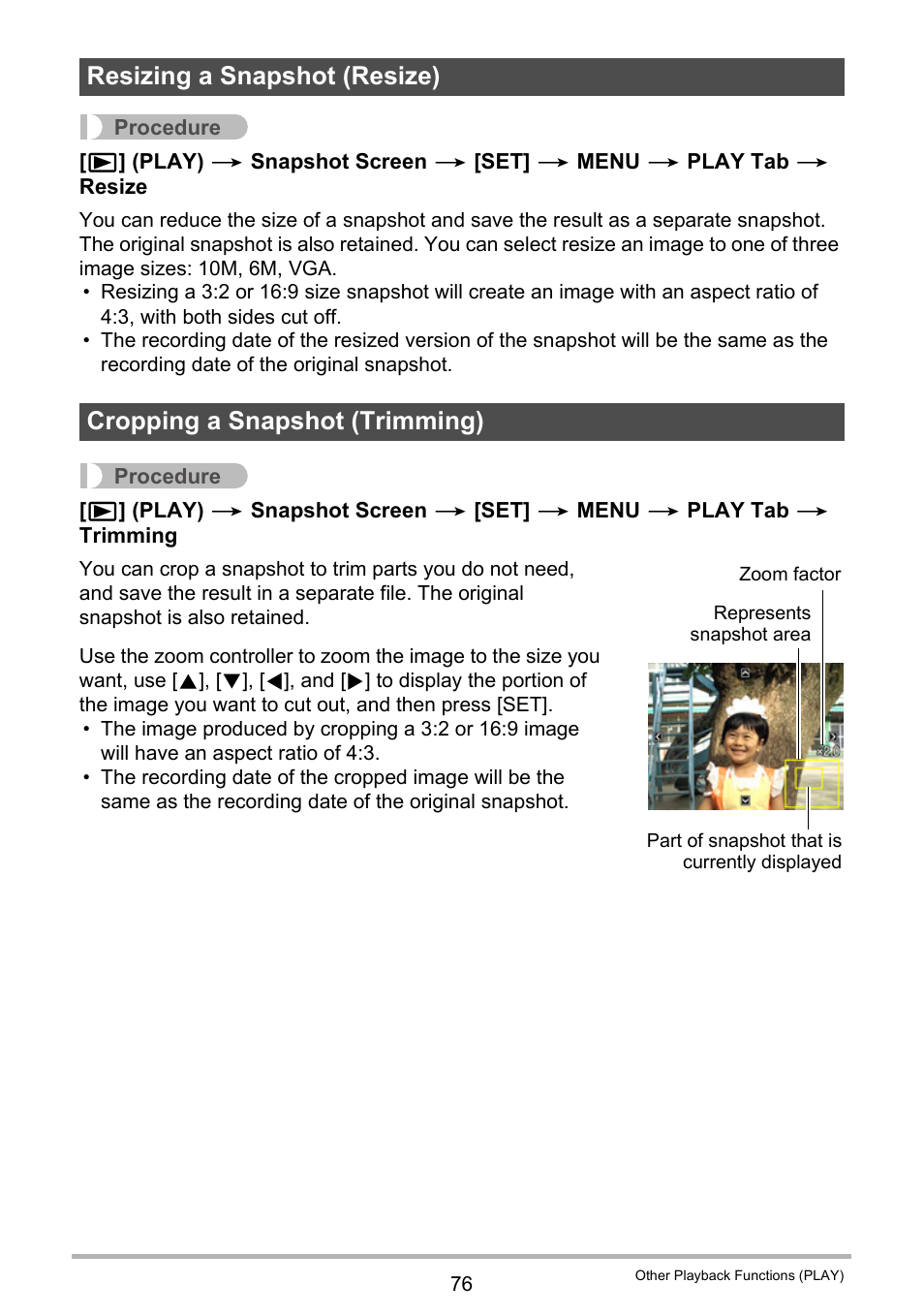 Resizing a snapshot (resize), Cropping a snapshot (trimming) | Casio EXILIM EX-ZS5 User Manual | Page 76 / 142