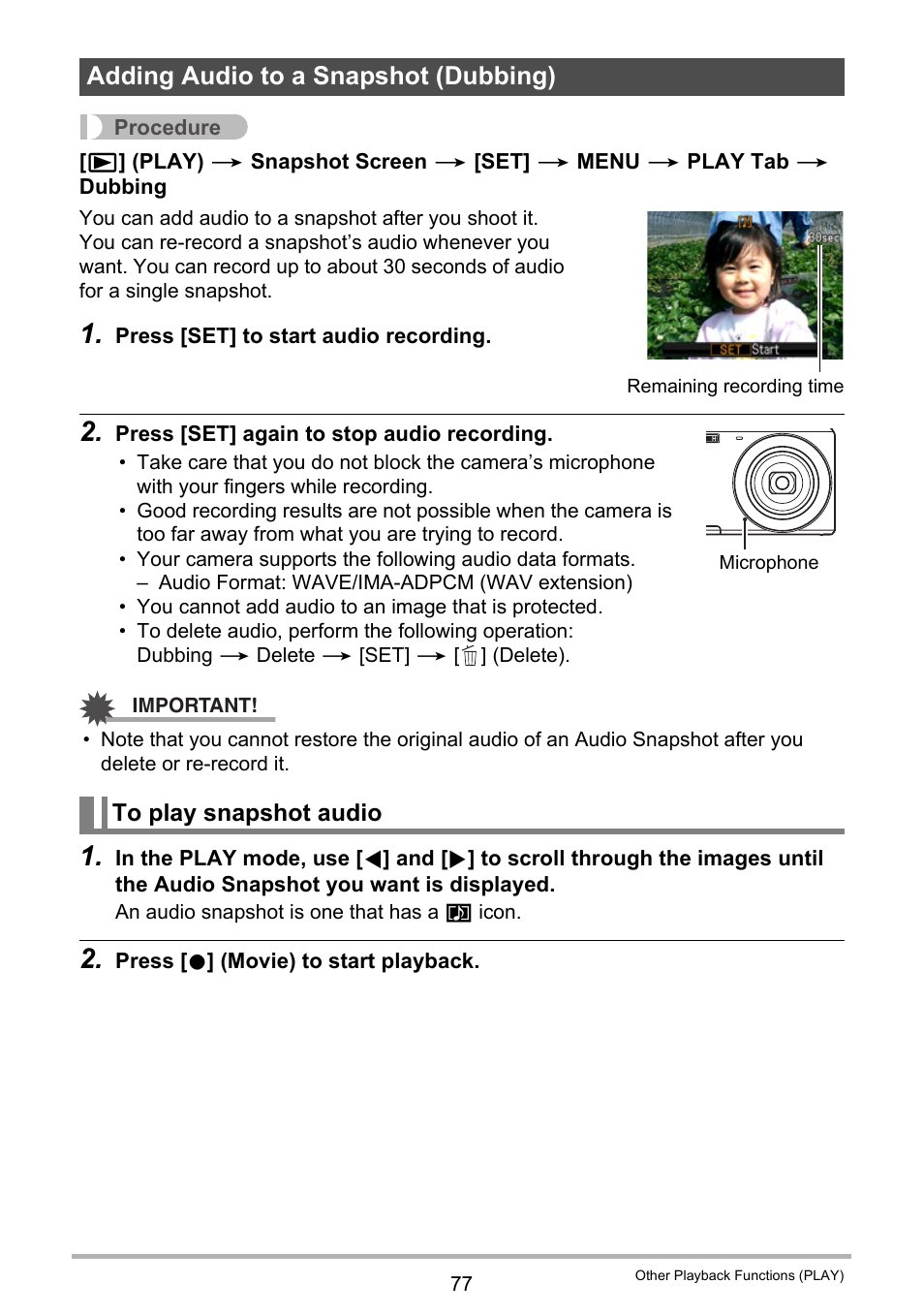 Adding audio to a snapshot (dubbing), To play snapshot audio | Casio EXILIM EX-ZS5 User Manual | Page 77 / 142