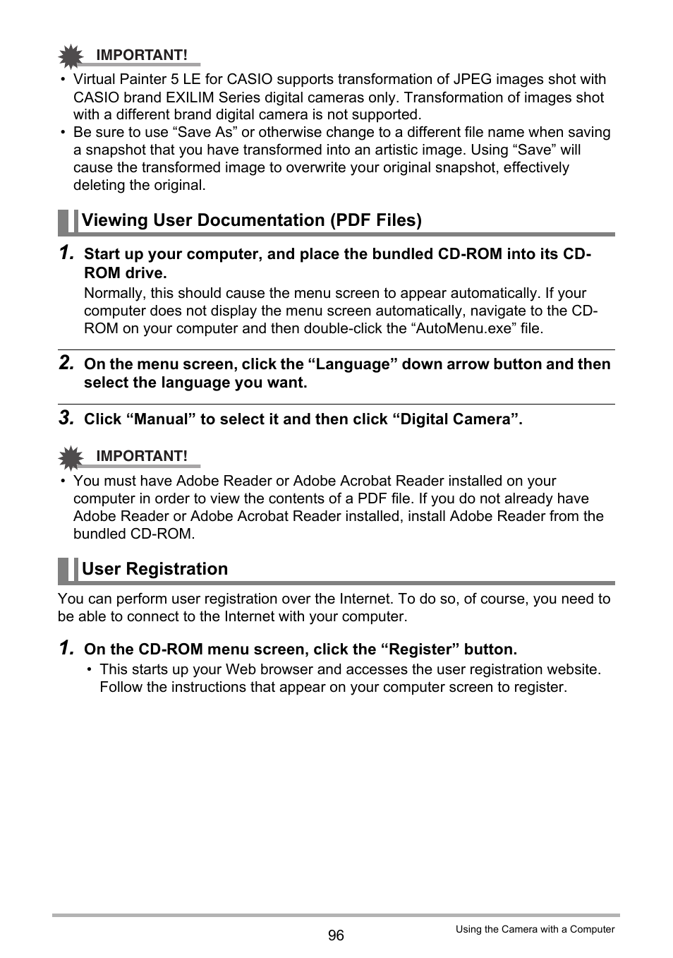 Viewing user documentation (pdf files), User registration | Casio EXILIM EX-ZS5 User Manual | Page 96 / 142