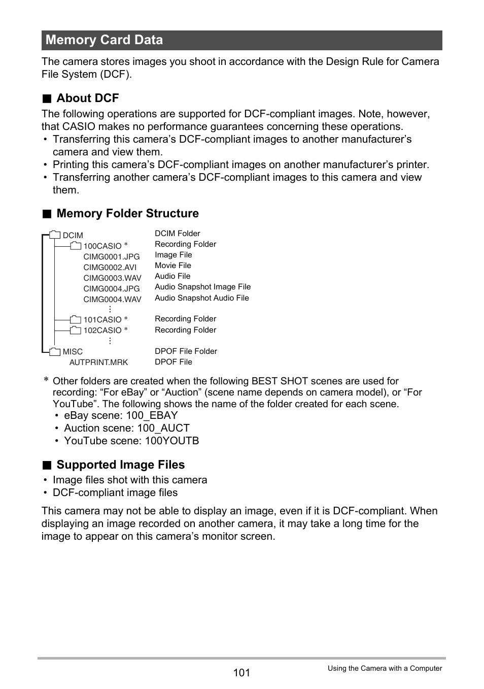Memory card data, Nized in memory, see “memory folder, About dcf | Supported image files | Casio EXILIM EX-ZS100 User Manual | Page 101 / 139
