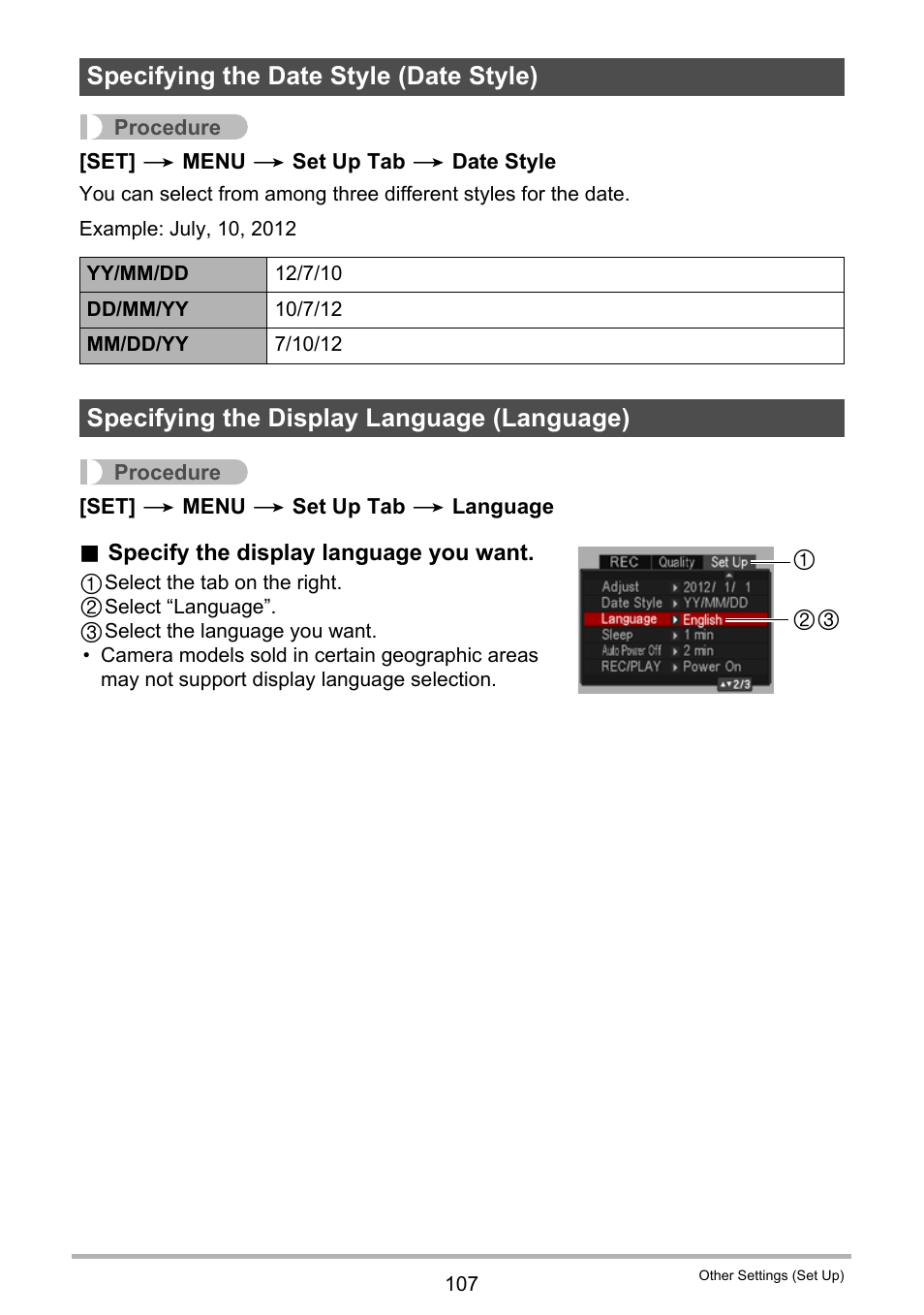 Specifying the date style (date style), Specifying the display language (language), Age 107) | Casio EXILIM EX-ZS100 User Manual | Page 107 / 139