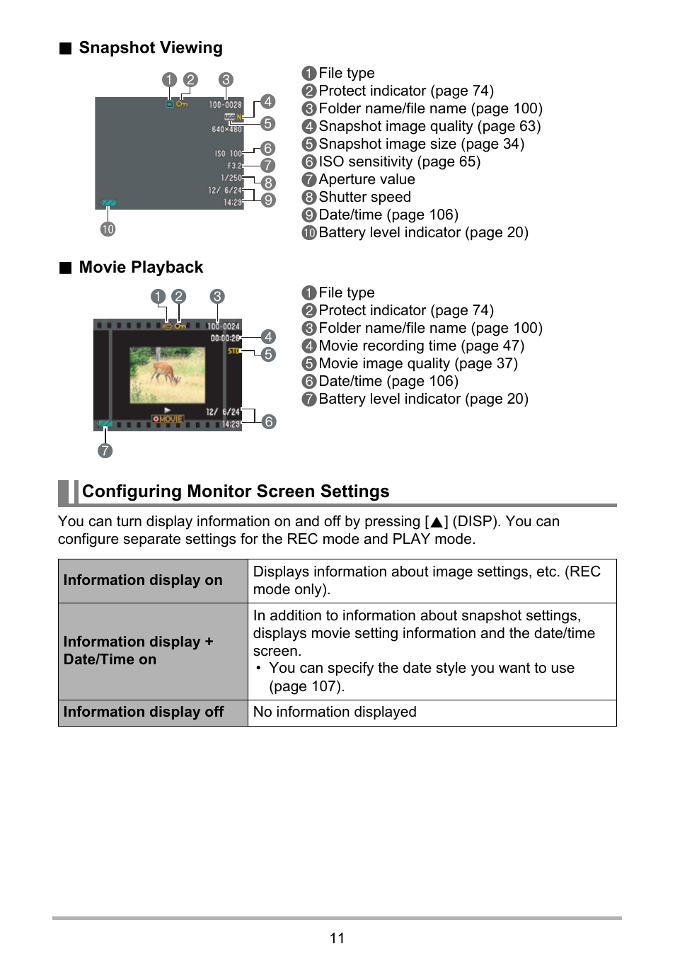 Configuring monitor screen settings | Casio EXILIM EX-ZS100 User Manual | Page 11 / 139