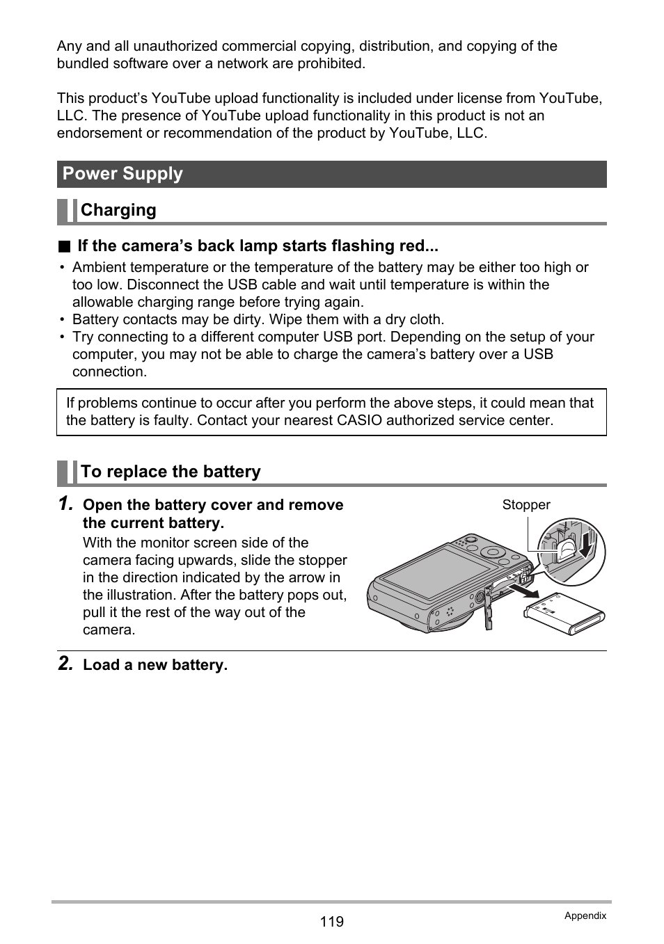 Power supply, Charging, To replace the battery | Casio EXILIM EX-ZS100 User Manual | Page 119 / 139