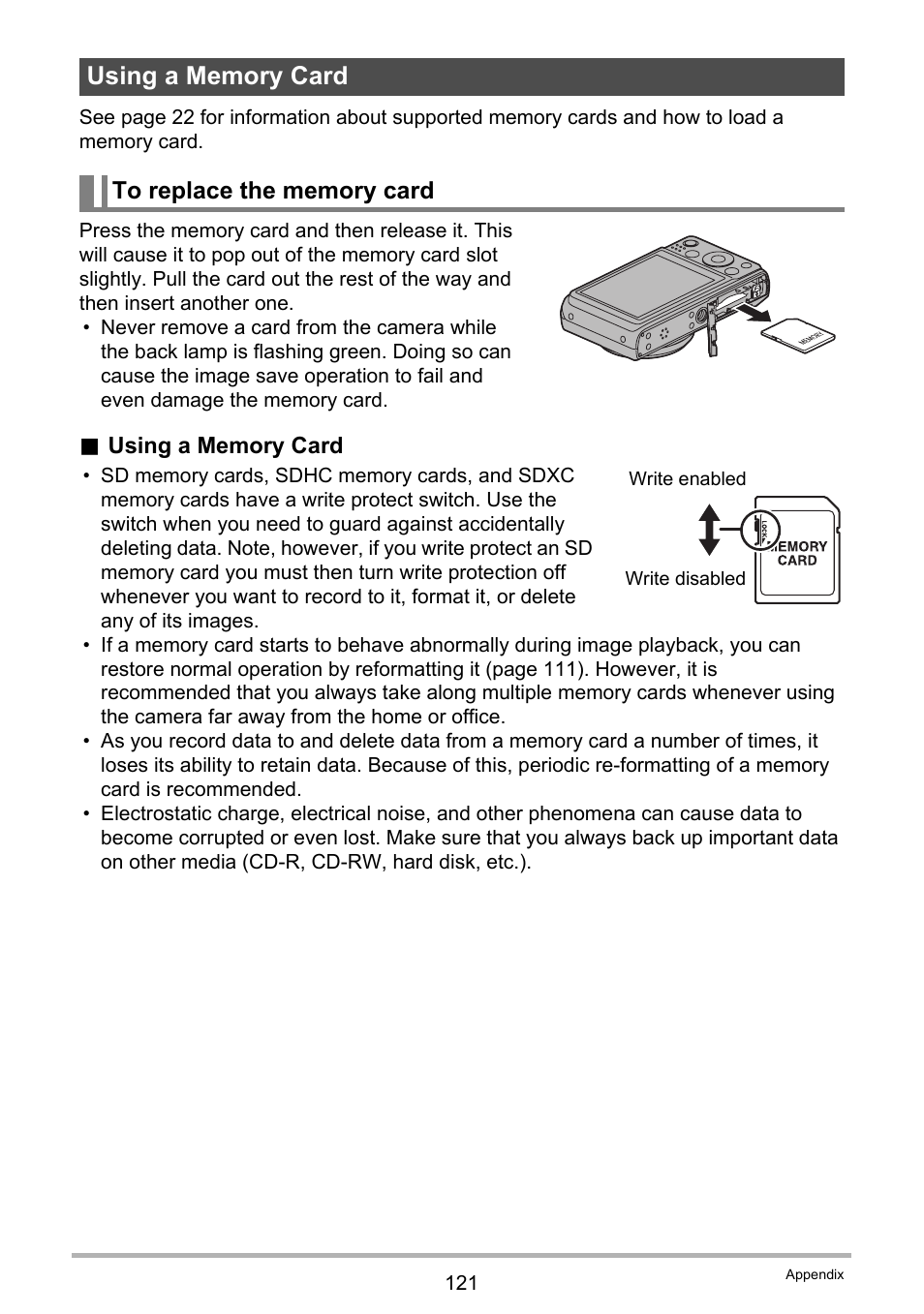 Using a memory card, To replace the memory card | Casio EXILIM EX-ZS100 User Manual | Page 121 / 139