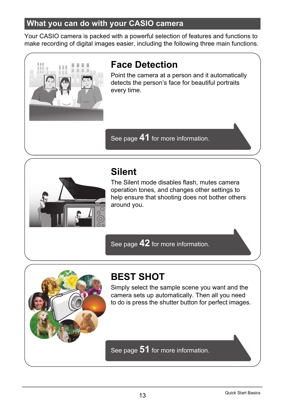 What you can do with your casio camera, Best shot, Silent | Face detection | Casio EXILIM EX-ZS100 User Manual | Page 13 / 139