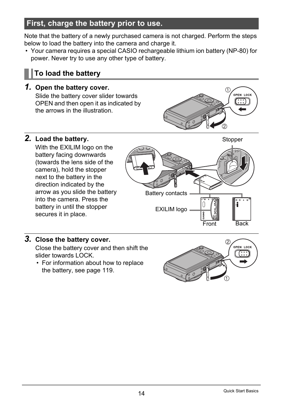 First, charge the battery prior to use, To load the battery | Casio EXILIM EX-ZS100 User Manual | Page 14 / 139