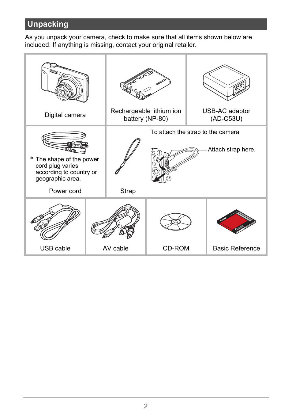 Unpacking | Casio EXILIM EX-ZS100 User Manual | Page 2 / 139