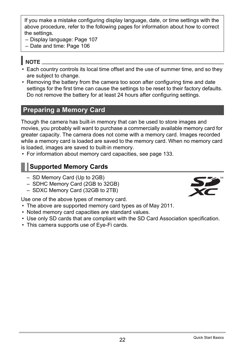 Preparing a memory card, Supported memory cards | Casio EXILIM EX-ZS100 User Manual | Page 22 / 139