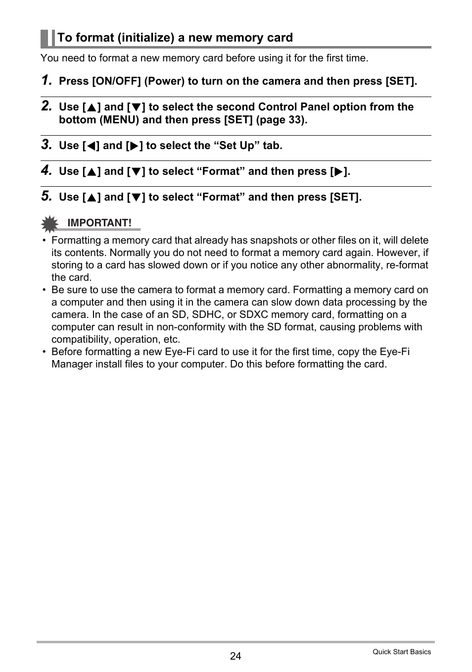 To format (initialize) a new memory card | Casio EXILIM EX-ZS100 User Manual | Page 24 / 139