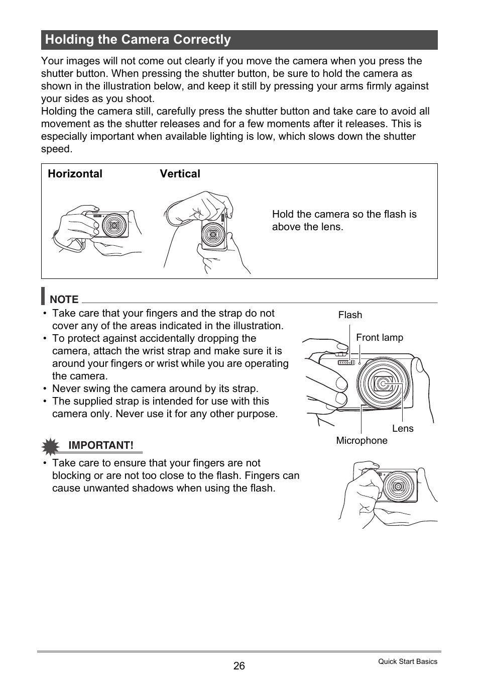 Holding the camera correctly | Casio EXILIM EX-ZS100 User Manual | Page 26 / 139