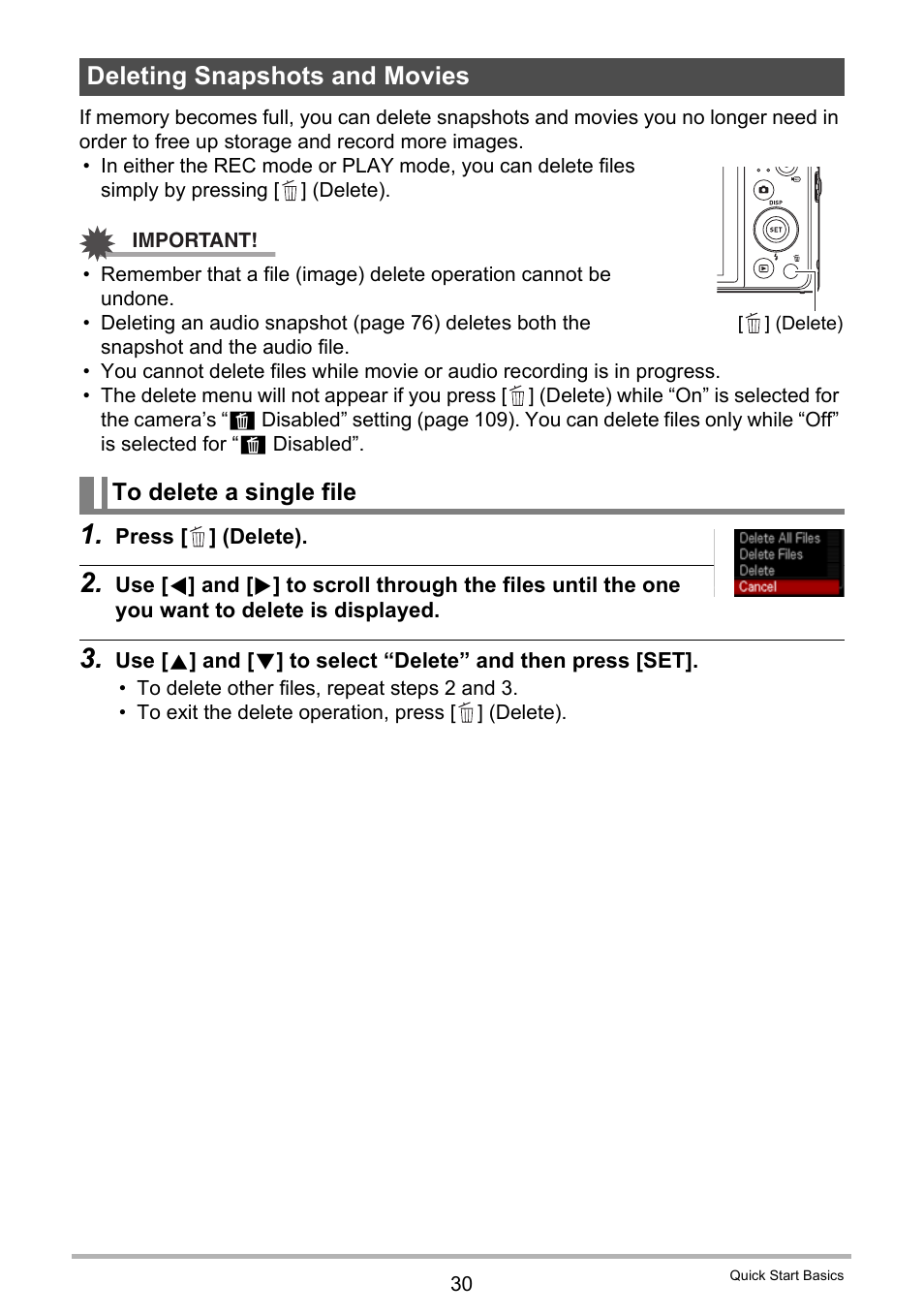 Deleting snapshots and movies, To delete a single file | Casio EXILIM EX-ZS100 User Manual | Page 30 / 139