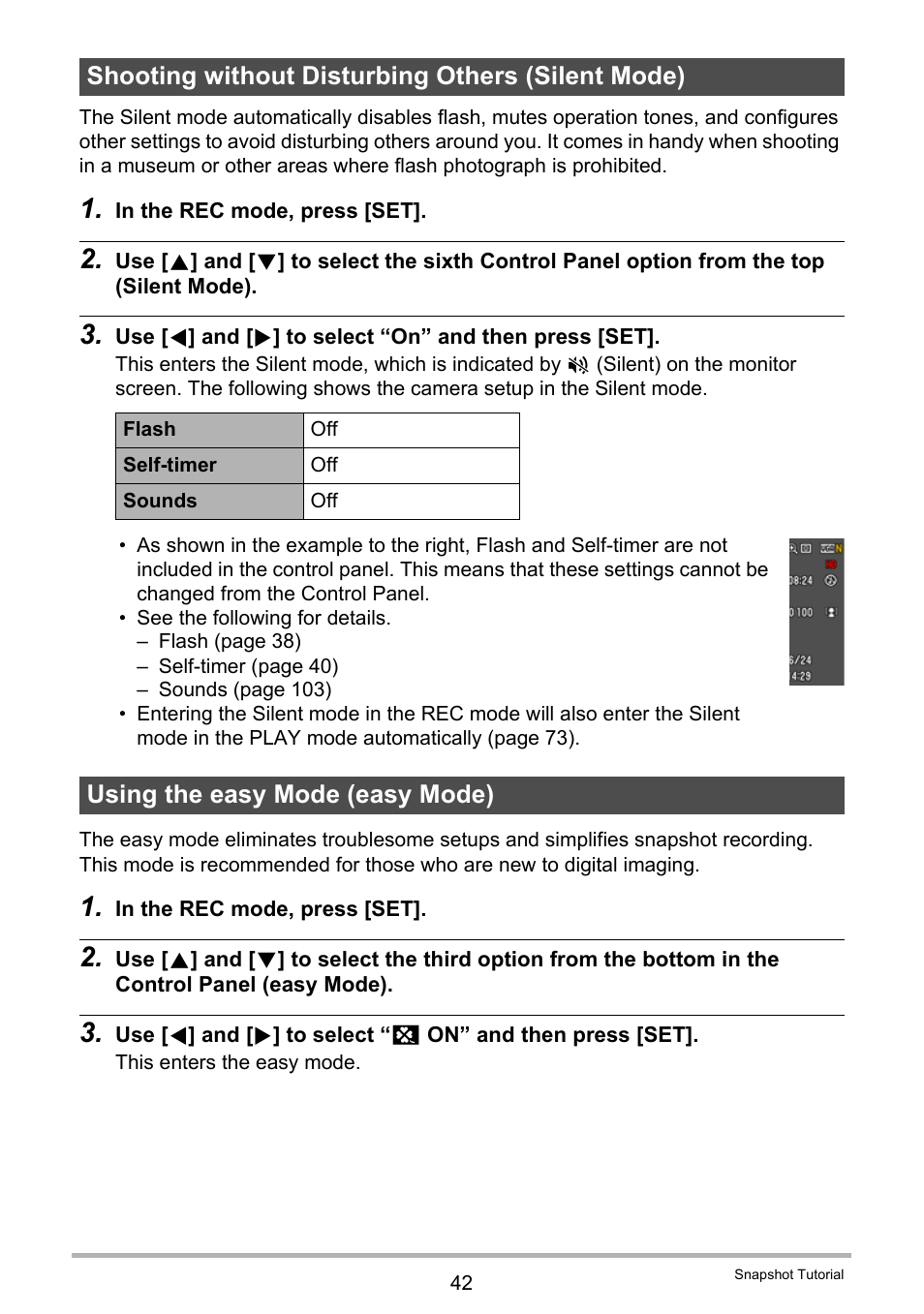 Shooting without disturbing others (silent mode), Using the easy mode (easy mode) | Casio EXILIM EX-ZS100 User Manual | Page 42 / 139