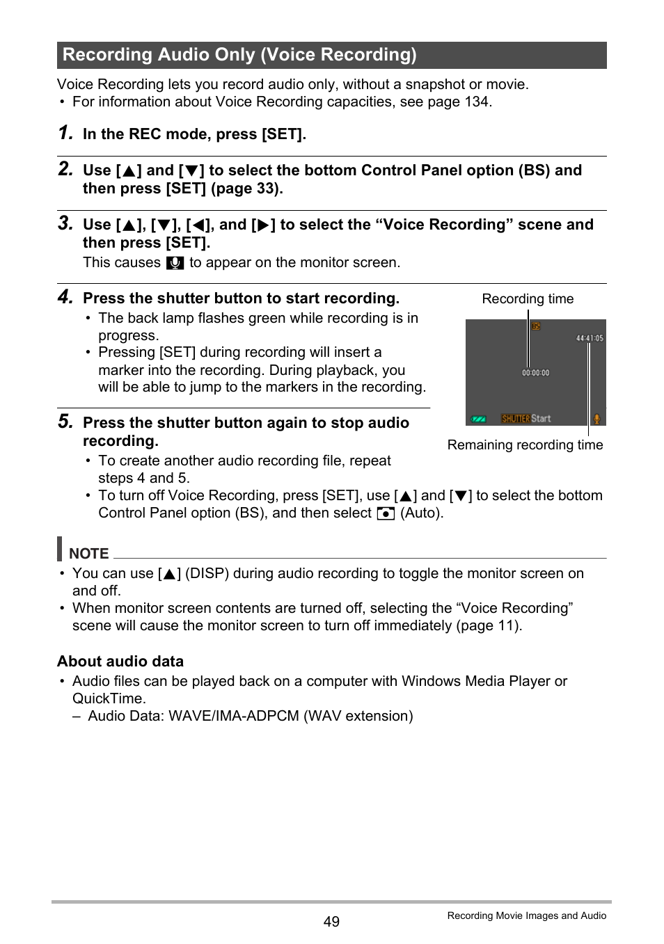 Recording audio only (voice recording) | Casio EXILIM EX-ZS100 User Manual | Page 49 / 139
