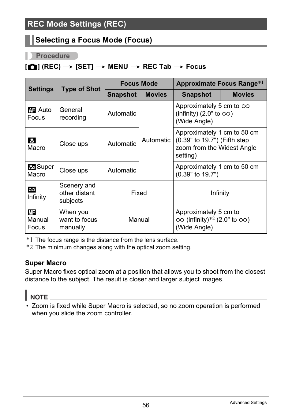 Rec mode settings (rec), Selecting a focus mode (focus) | Casio EXILIM EX-ZS100 User Manual | Page 56 / 139