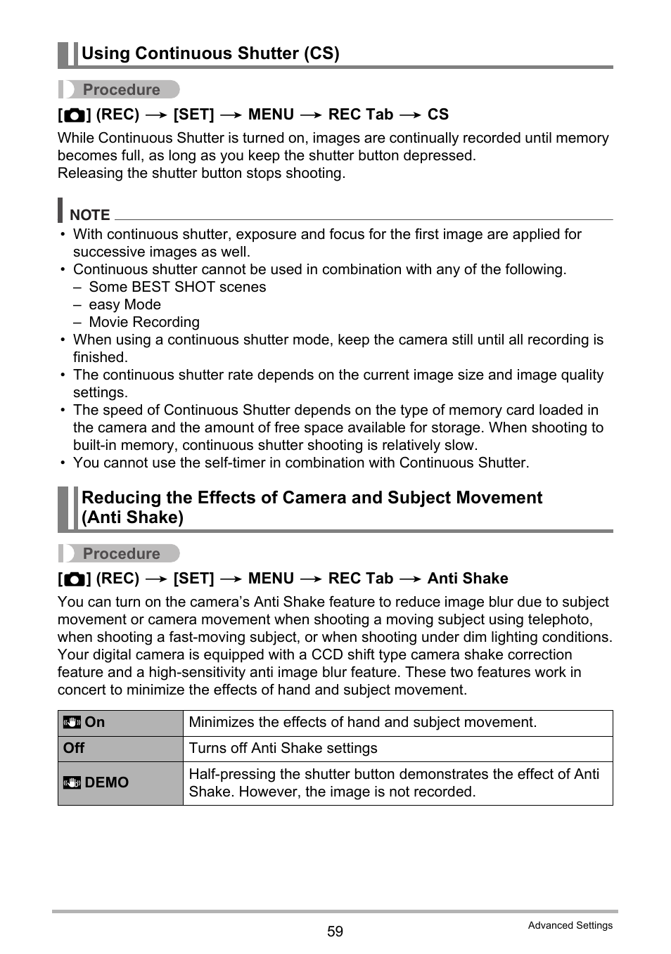 Using continuous shutter (cs) | Casio EXILIM EX-ZS100 User Manual | Page 59 / 139