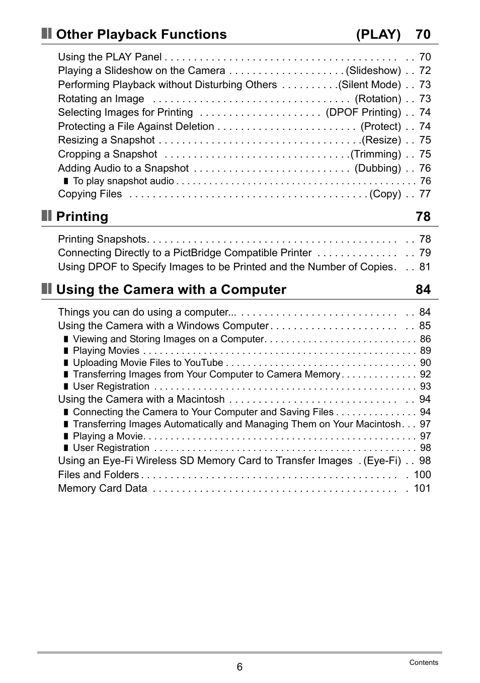 Other playback functions (play) 70, Printing 78, Using the camera with a computer 84 | Casio EXILIM EX-ZS100 User Manual | Page 6 / 139