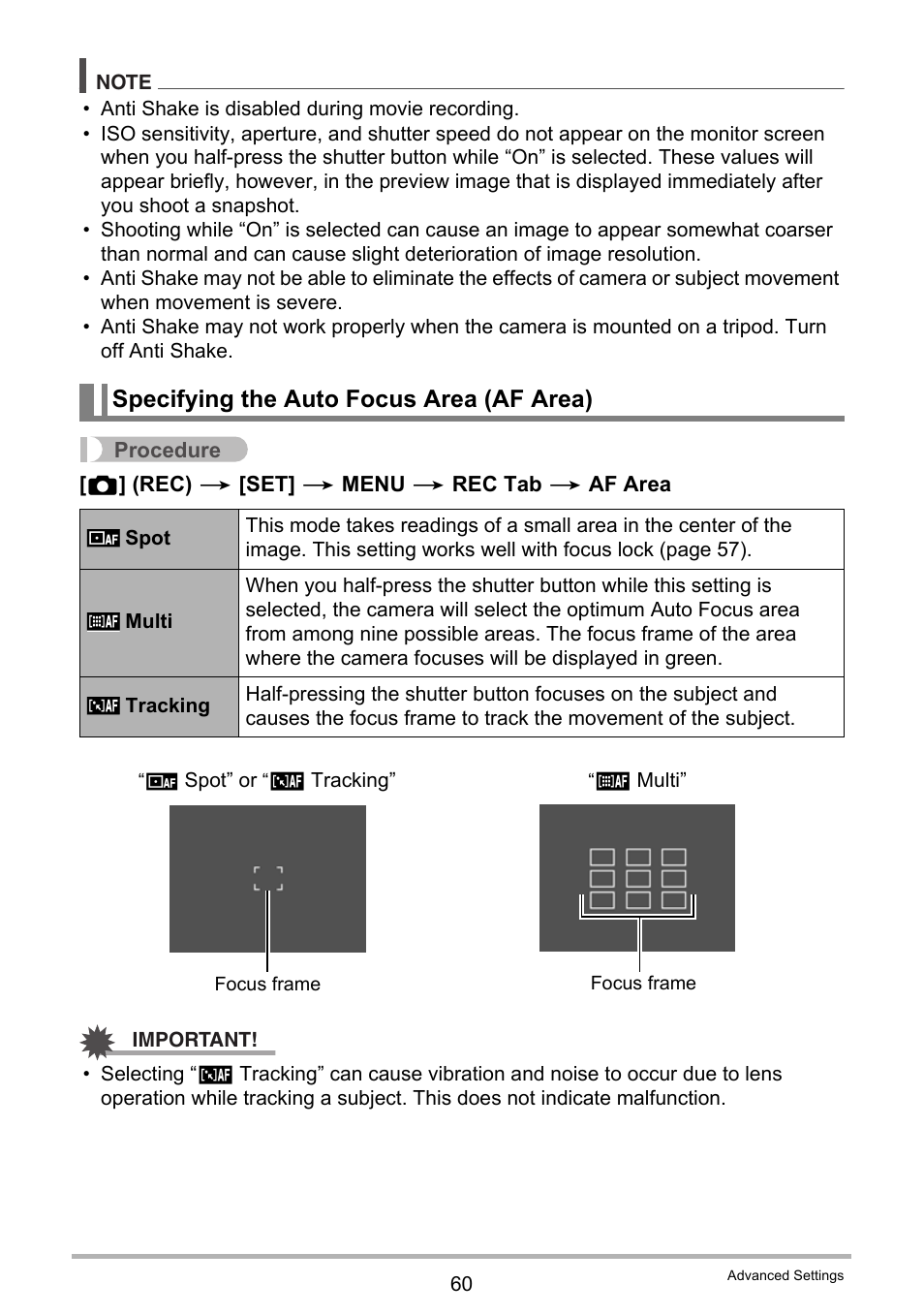 Specifying the auto focus area (af area) | Casio EXILIM EX-ZS100 User Manual | Page 60 / 139