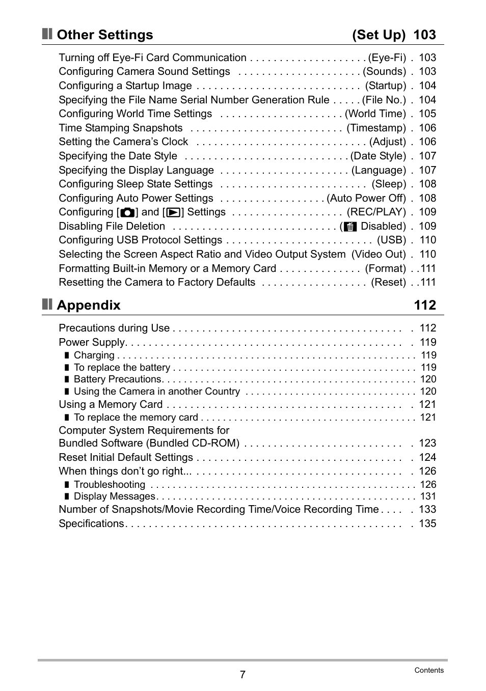 Other settings (set up) 103, Appendix 112 | Casio EXILIM EX-ZS100 User Manual | Page 7 / 139